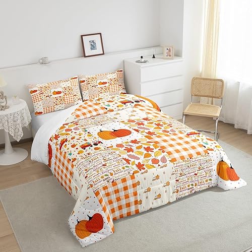 Miniatura 4 de Juego de edredón de calabaza de otoño, tamaño Queen, juego de ropa de cama de Acción de Gracias, 3 piezas de hojas de arce, tractores de granja,