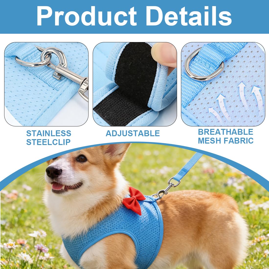 WUYJI Arneses para animales pequeños, Correa para conejos en miniatura (1 pieza, con correa ajustable y correa para animales pequeños, azul) — view 3