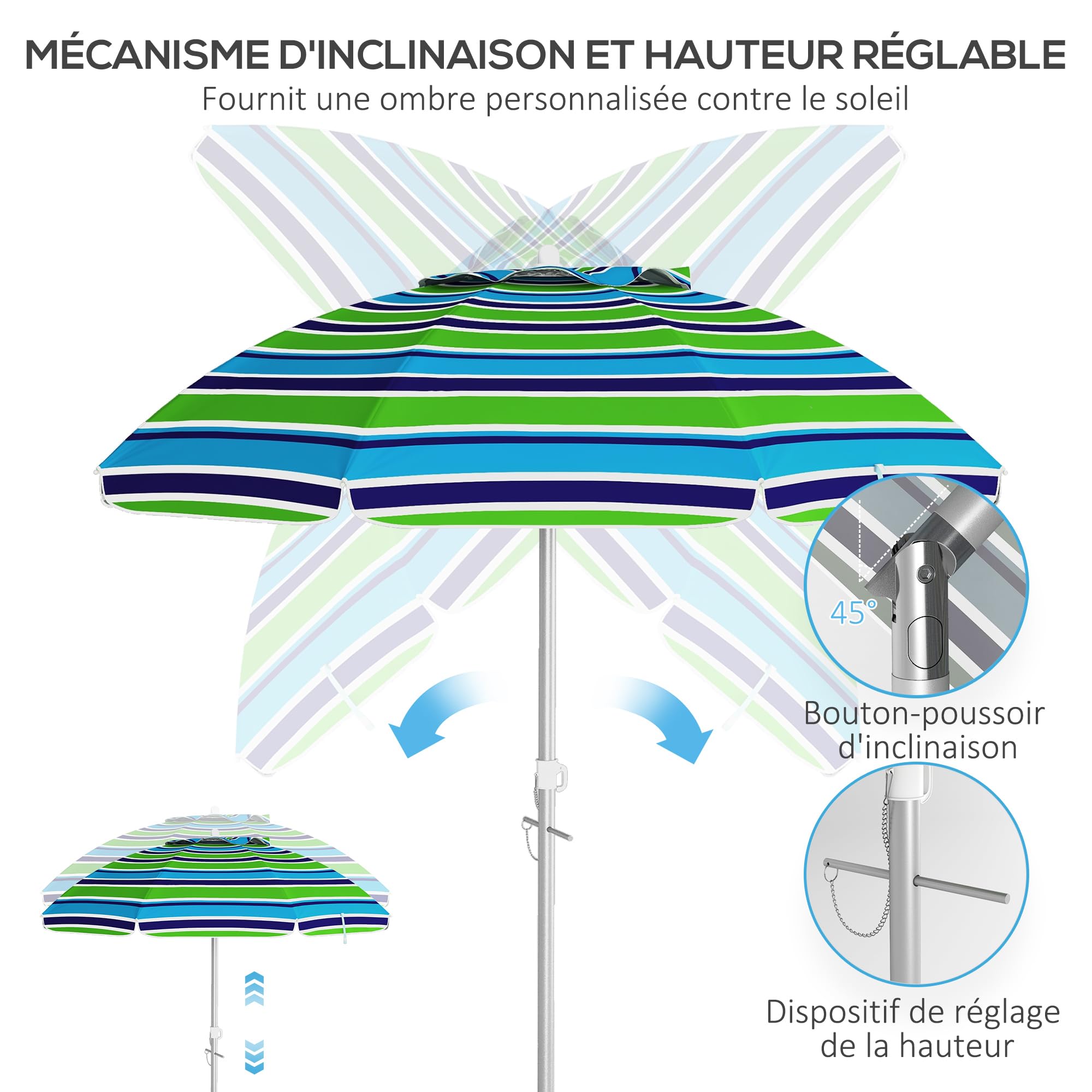 Outsunny Parasol de plage parasol inclinable rond parasol d'extérieur hauteur réglable protection UV40 sac de transport inclus alu. polyester multicolore