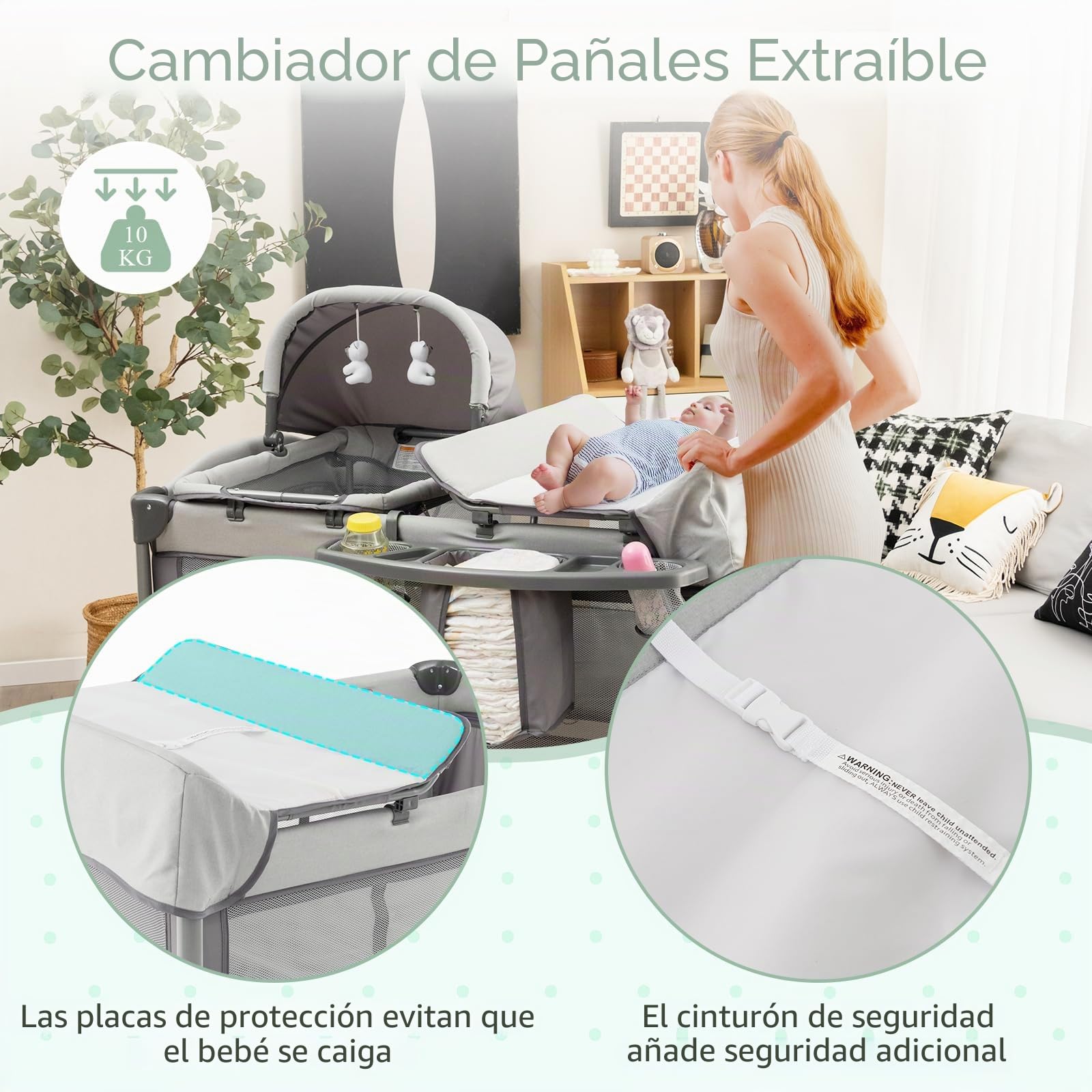 RELAX4LIFE 5 en 1 Cuna Bebé Desmontable con Cambiador de Pañales con Colchón, Estante, Juguetes Colgantes, Bolsa de Transporte y 2 Ruedas Bloqueables, Parque Infantil Bebe