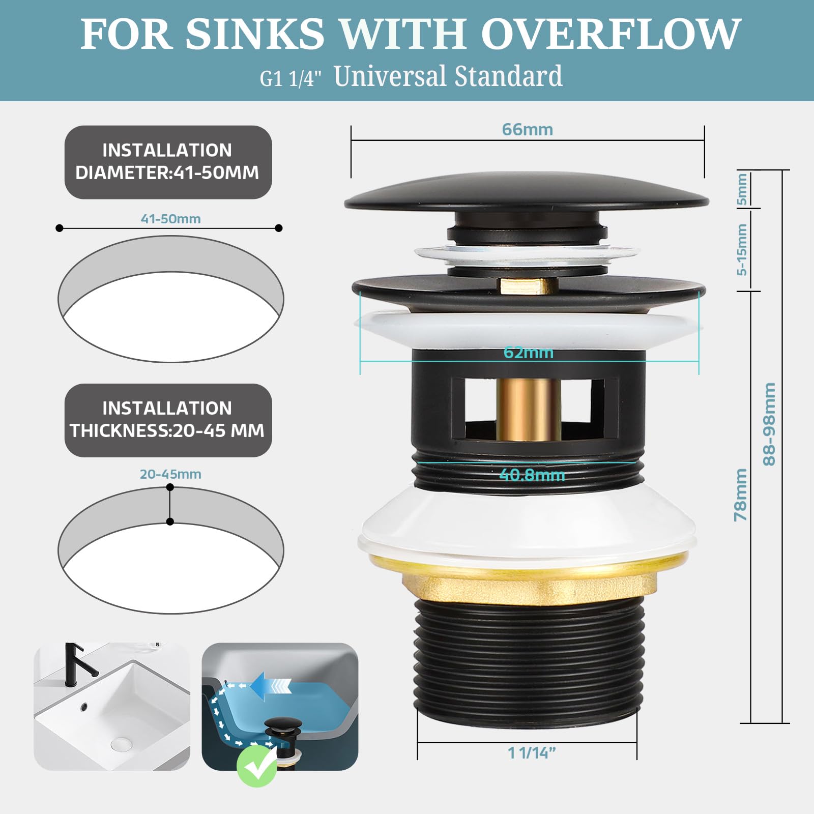 Scarico Lavabo Bagno con Troppopieno, Piletta Bidet Click Clack Ottone Tappo di Scarico Lavabo Universal G1 1/4" Piletta Lavabo Bagno Valvola Pop Up per lavandino Bidet Vasca, Nero Opaco