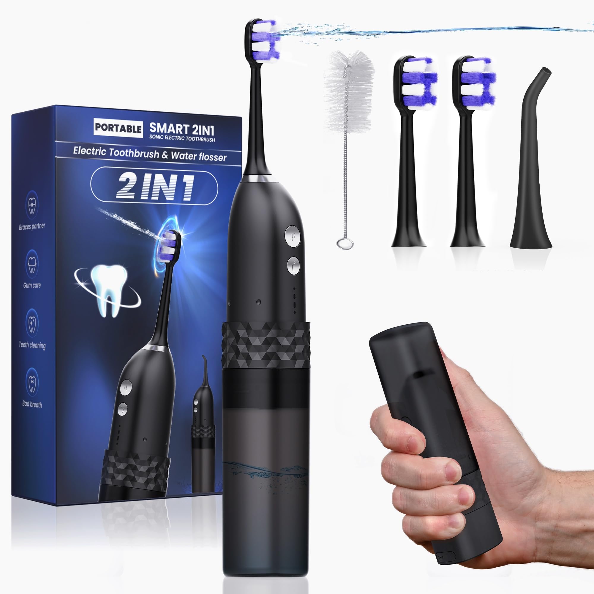 Cepillo de dientes eléctrico con hilo dental de agua, cepillo de dientes inalámbrico 2 en 1 y combo de hilo dental de agua, hilo dental para viajes y hogar, color negro