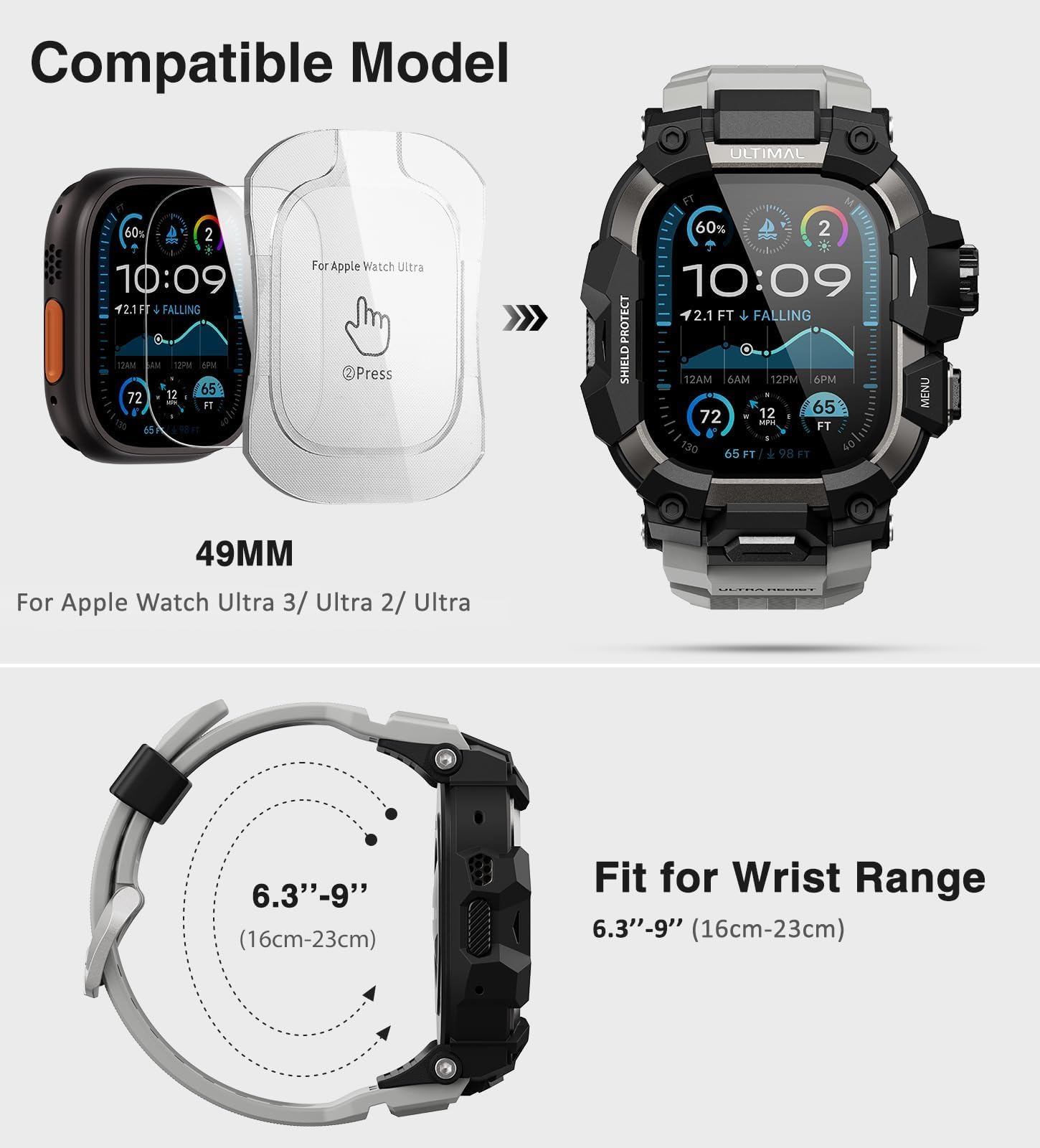 ULTIMAL Correas deportivas compatibles con Apple Watch de 44 mm/45 mm, funda protectora militar, correa de TPU resistente para iWatch, correa ajustable para Apple Watch Series 9, 8, 7, 6, 5, 4 SE