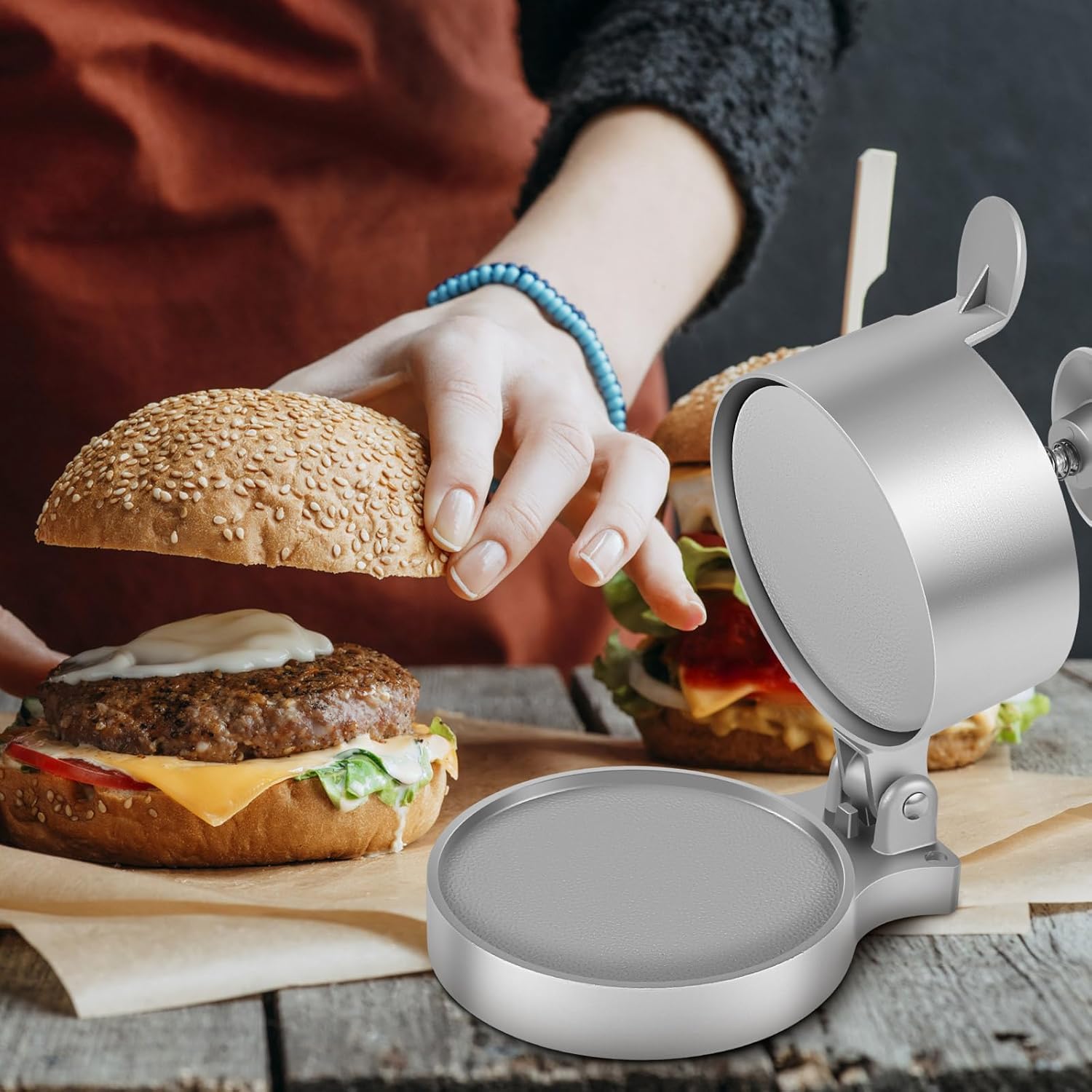Pressa per Hamburger Regolabile in Altezza in Alluminio pressofuso Antiaderente per la Produzione di Pattini Hamburger Perfettamente modellati