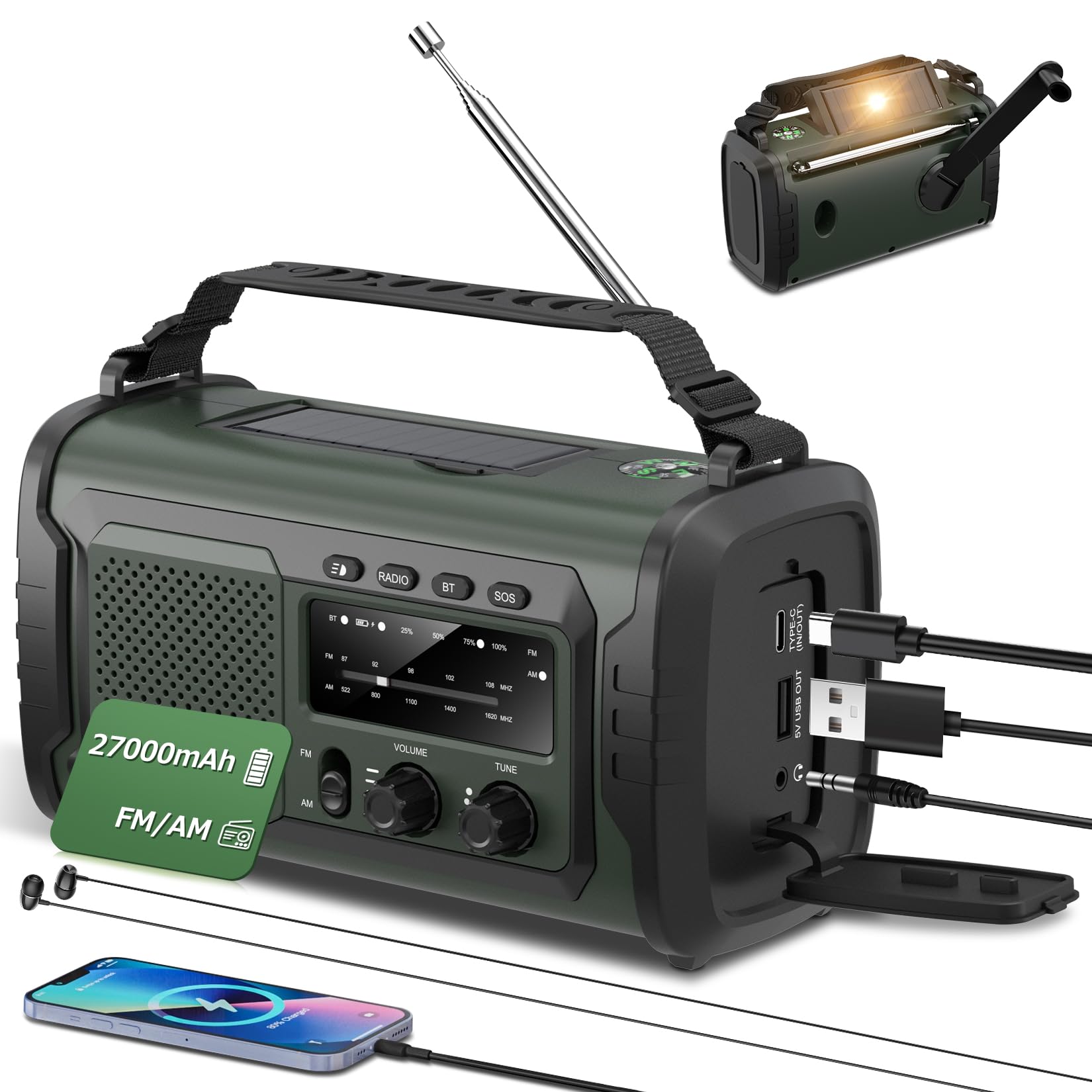 27000mAh Radio Survie, FM/AM Radios Solaire Survie avec Bluetooth 5.1/Alarme SOS/Boussole/Lampe De Poche, Radio Dynamo pour La Préparation en Plein Air Aux Catastrophes Naturelles