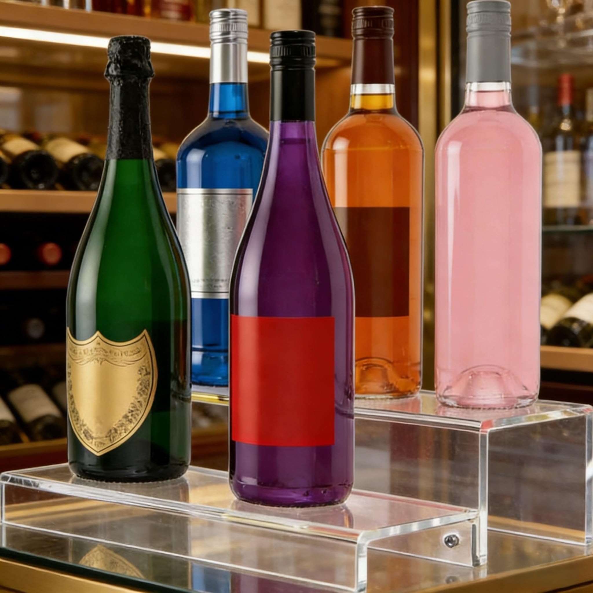 Espositore per bottiglie di liquori in acrilico trasparente, supporto organizer a due livelli con design a gradini, robusto supporto da banco per vino e whisky da banco di 5 mm di spessore, per la