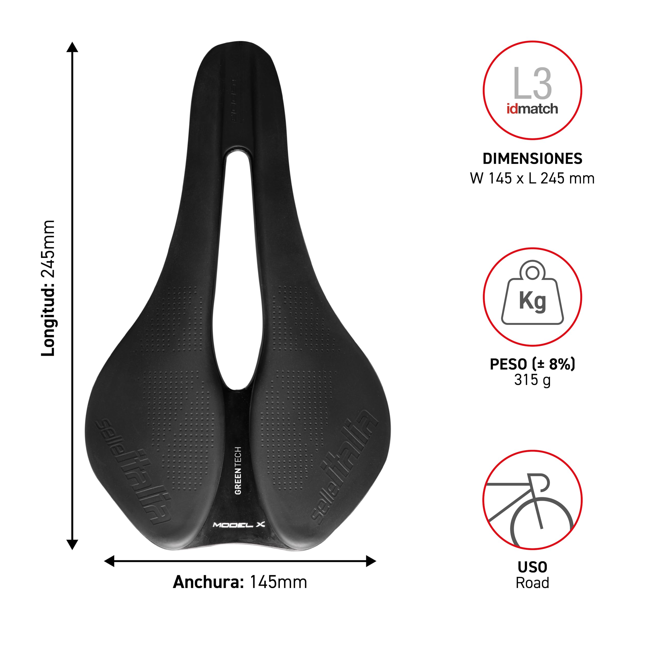 Selle Italia MODEL X - Sillín de Bicicleta de Carretera, 100% Sostenible, en Gel y Agujero Superflow, Sillín de BIci de Carreras Future rides Green - Talla L3, Gris