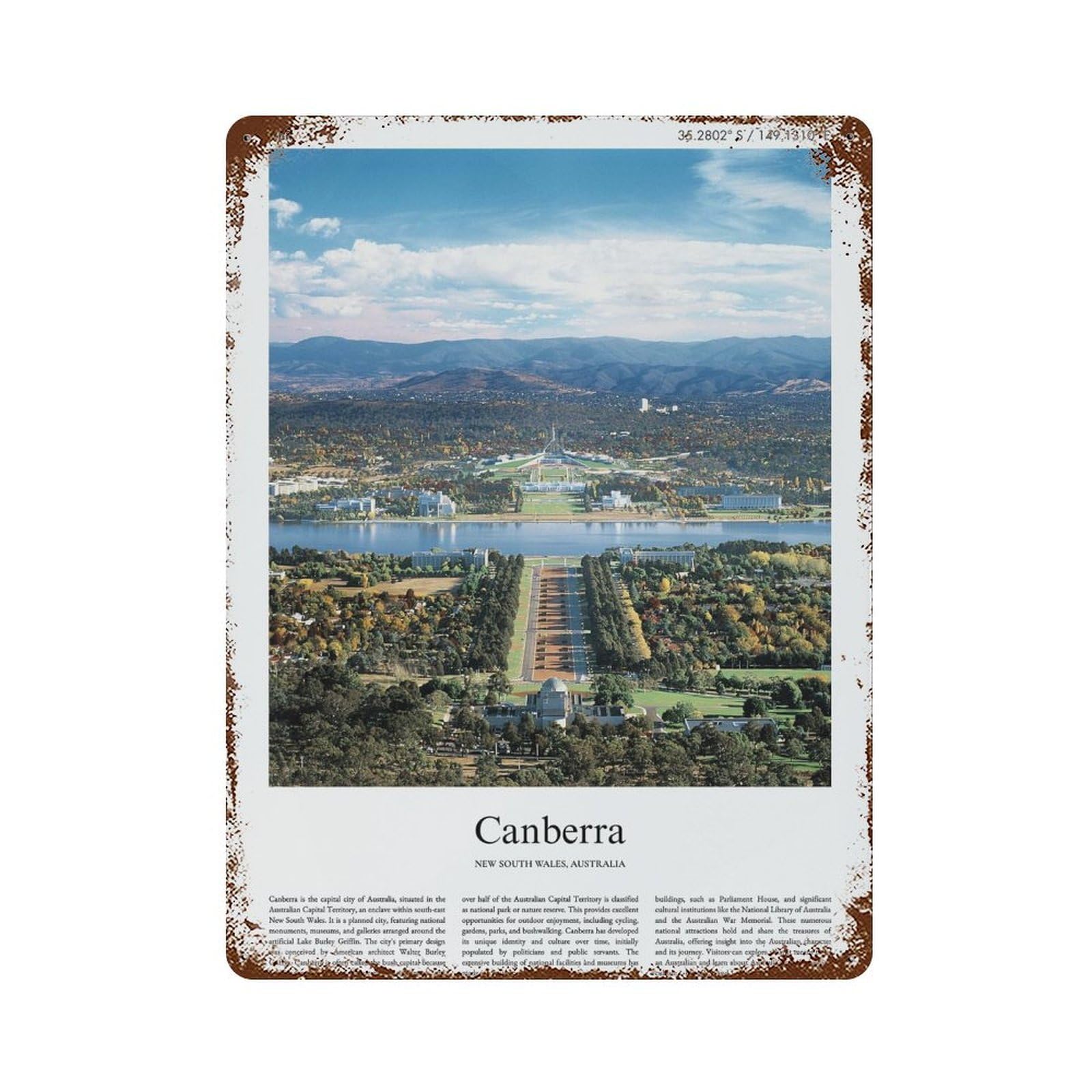 xiaoxiaoshen Canberra New South Wales, Australia City Scenery Wall Decor Art Metal Tin Poster Modern Home Decor Art Home Bar Shop Decorations Vintage Sign 40x30cm