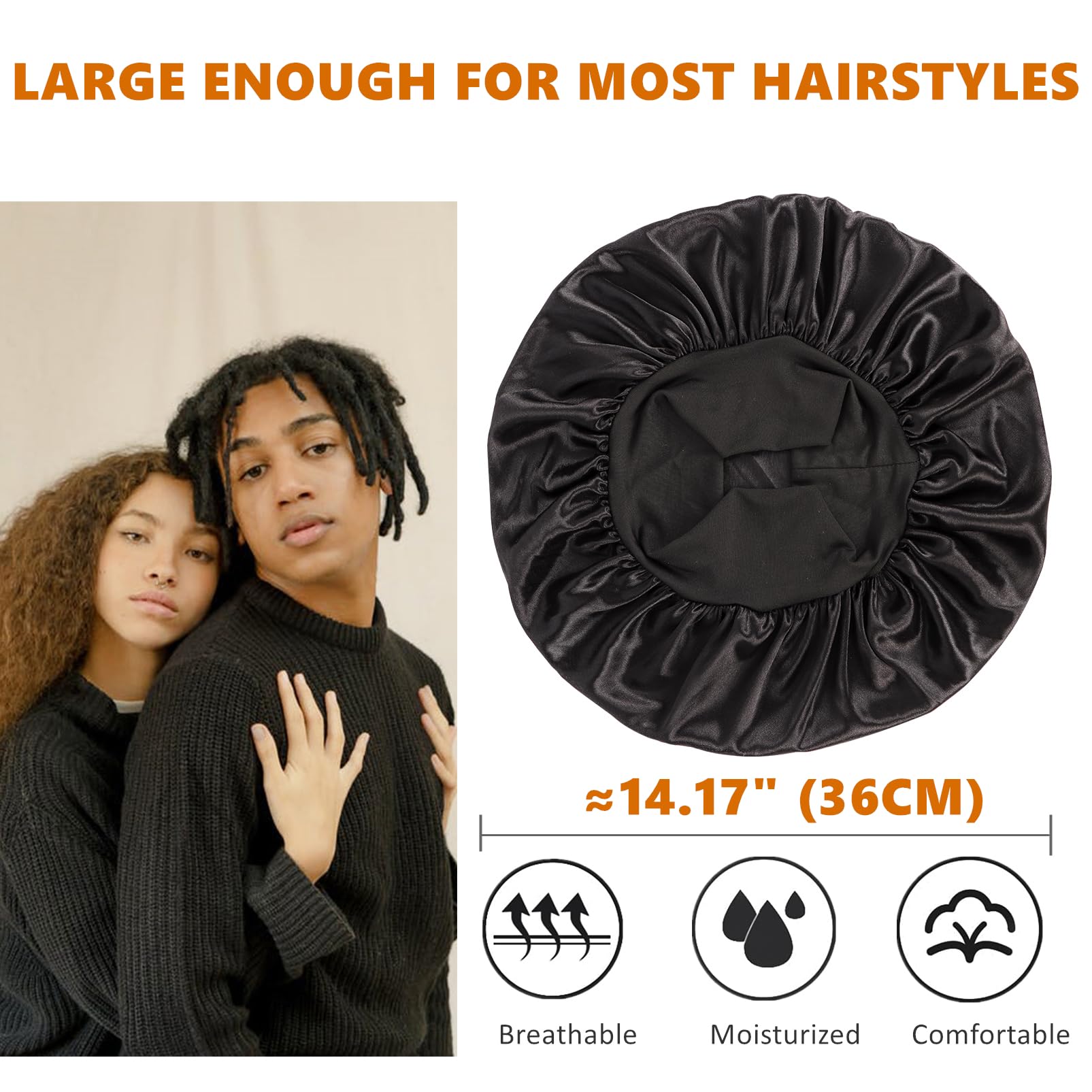 Bonnet for Men,Hair Bonnet for Sleeping,Double Layer Satin Bonnets for Black Women Curly Hair Braids,Reversible Sleep Cap (Large,Black/Black) 2