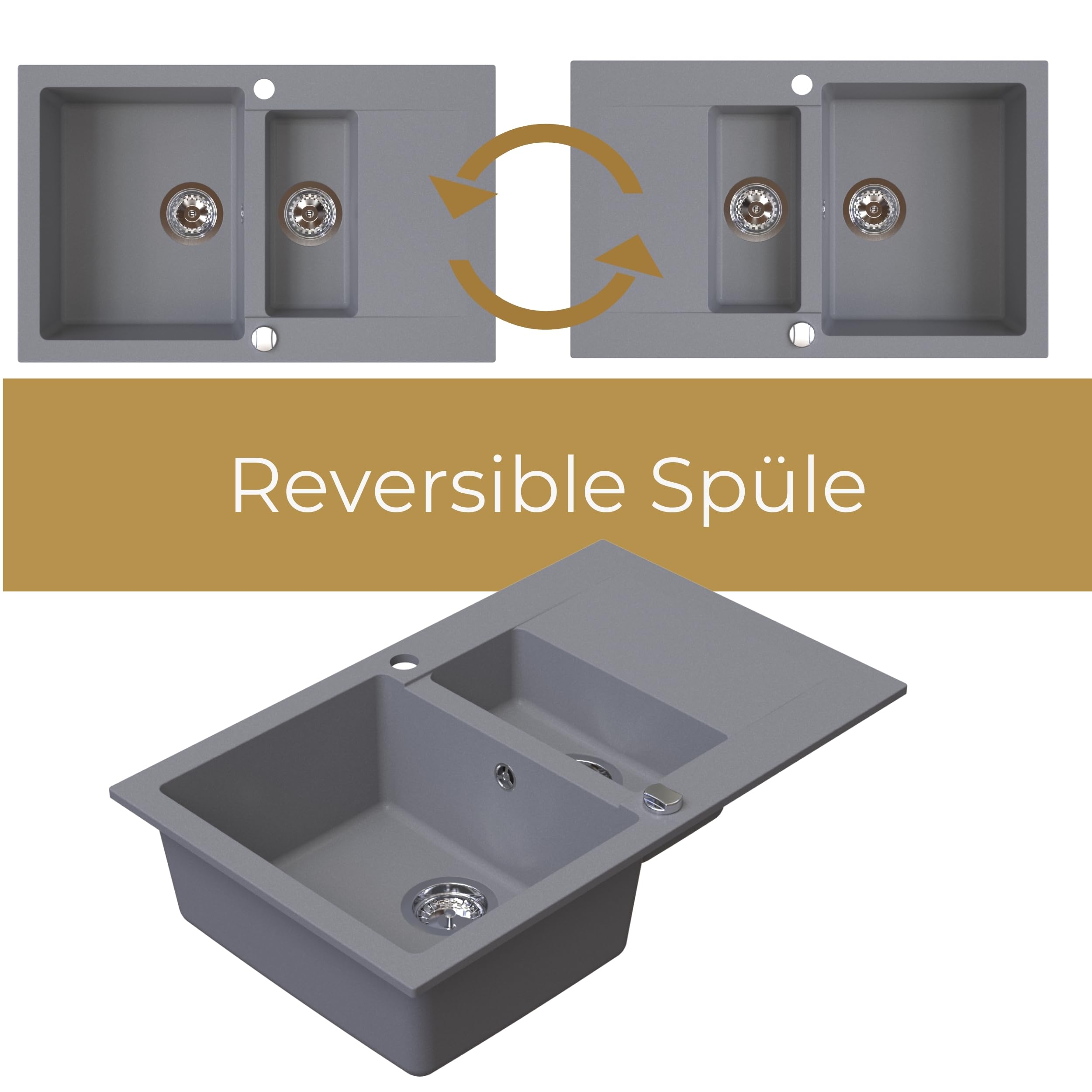 SINK QUALITY Spülbecken grau 79x50 cm, Granitspüle 1,5 Becken, Spüle mit Siphon und Imprägniermittel, Küchenspüle ab 50er Unterschrank