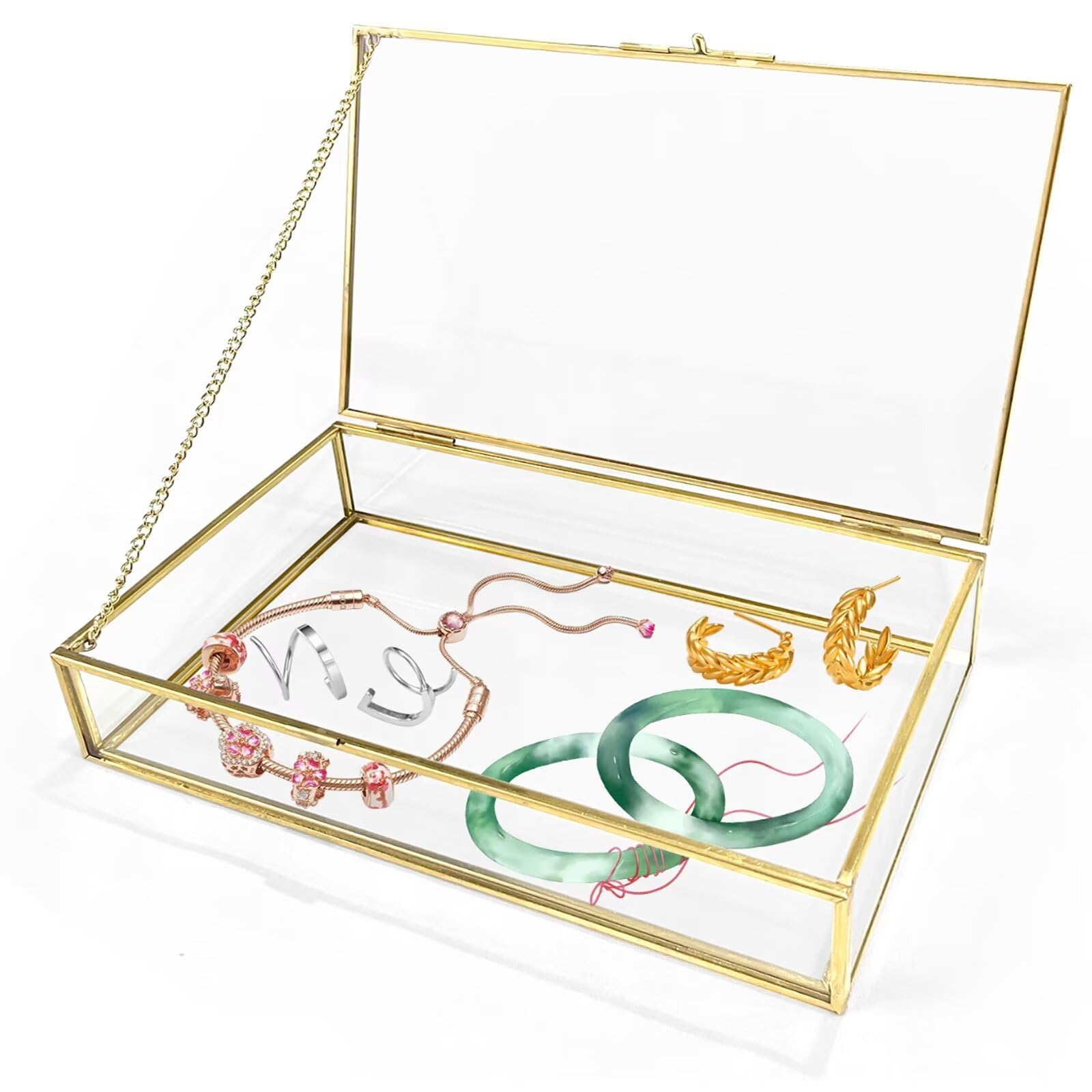 Gold Glass Jewelry Box, Vintage Glass Box with Lid and Chain Decorative Keepsake Box Trinket Box Card Box Jewelry Display Organizer for Weddings, Events, Birthday Party(M-9.84x6.69x1.77in)