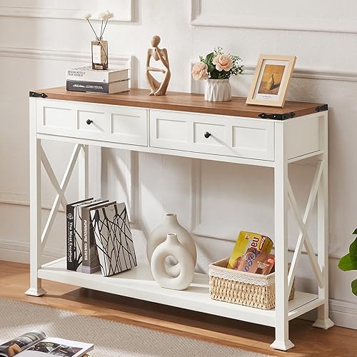 Miniatura 9 de HOMBAZAAR - Mesa de entrada rústica, mesa de consola con 2 cajones, mesas de consola industriales con almacenamiento para entrada, pasillo, sala de