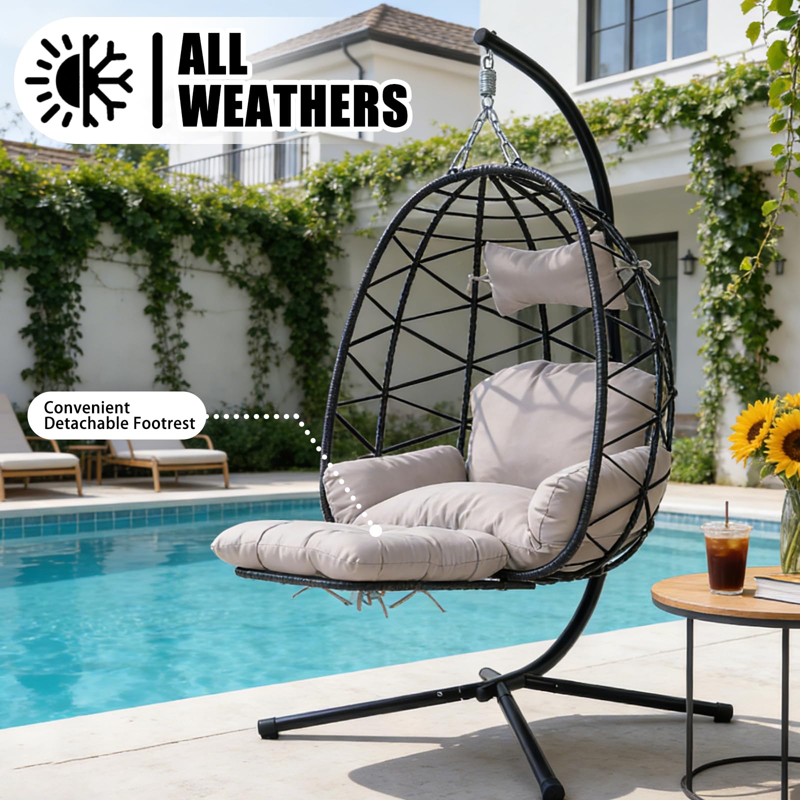 Silla colgante de huevo con soporte y reposapiernas, silla oscilante de mimbre de ratán con cojín, silla colgante de cesta de patio, silla hamaca de mimbre para interiores y exteriores, dormitorio