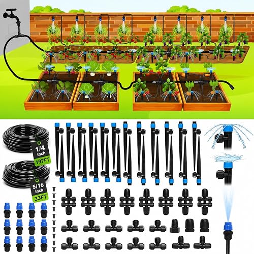 Bonviee Drip Irrigation System Kit for Garden Watering, 230FT Quick Connect | For Garden, Raised Beds, Greenhouses, with 33FT 5/16" Mainline + 1/4" Tubing + 40 Emitters, 20-45 PSI and up to 40 GPH