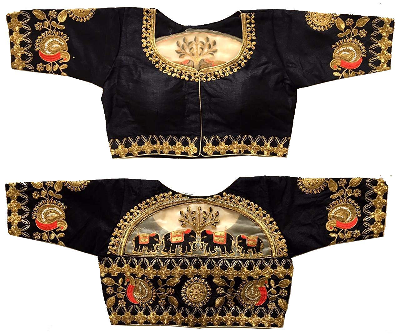 Pujia Mills Women's Phantom Silk Elephant Half Sleeve Saree Blouse (Dumbo_Black_36 Size+Margin)