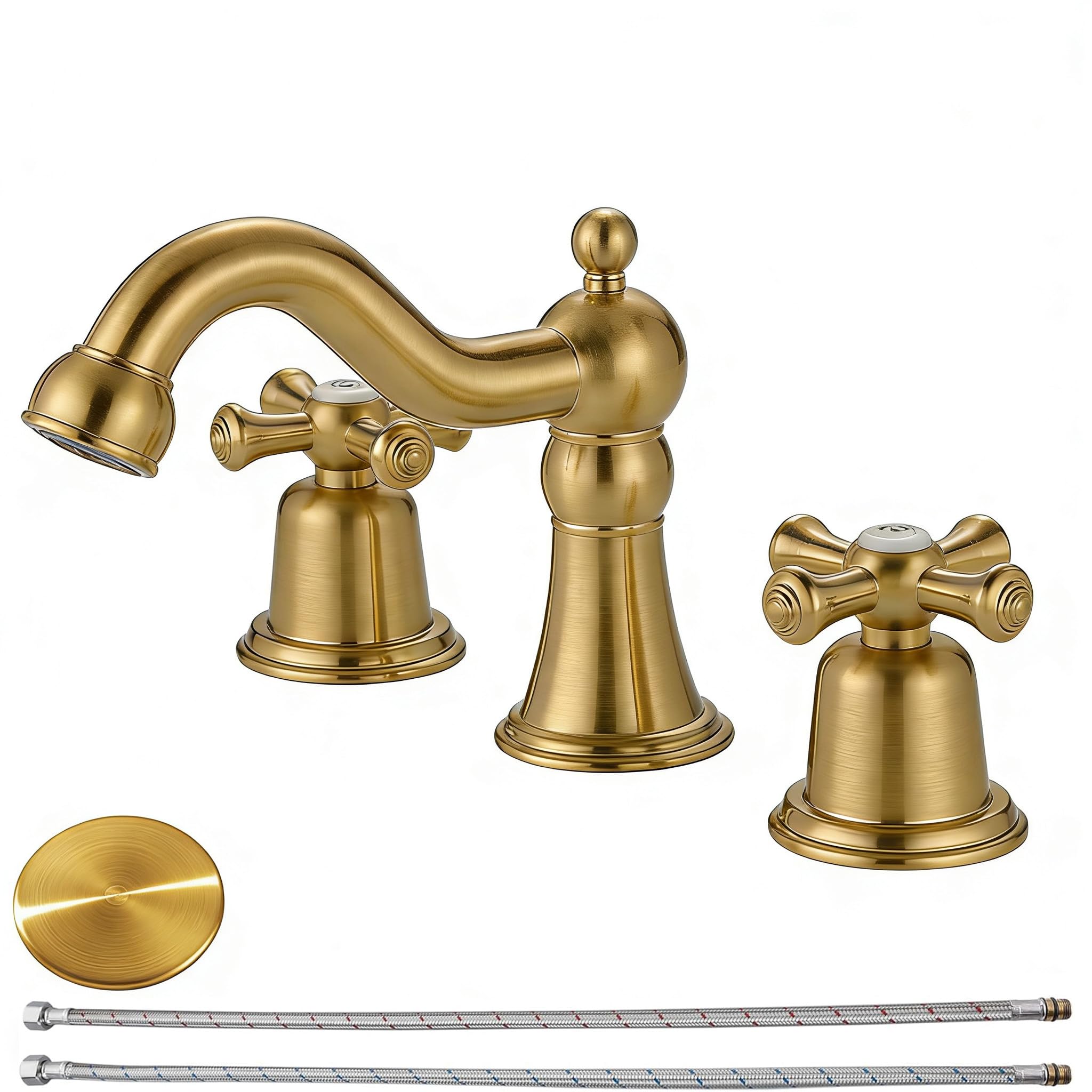 RKF Bathroom Faucets for Sink 3 Hole Gold 8 inch Widespread Bathroom Sink Faucet with Drain 2 Handles Cross Knobs Faucet Bathroom Vanity Faucet Basin Mixer Tap CWF033-BG