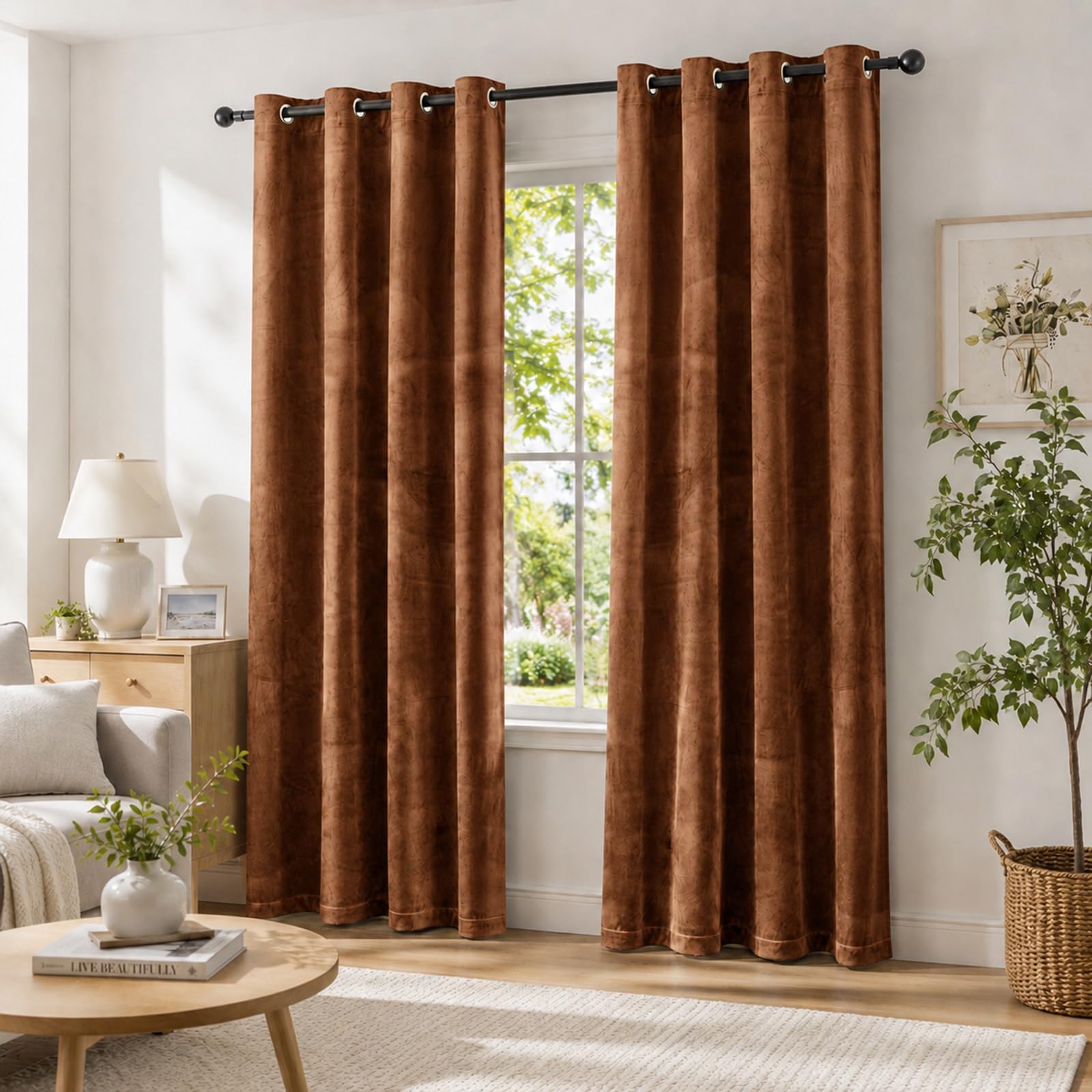 Ystyle Samt Vorhang Blickdicht 2er Set, H225 x B140 cm, Karamell