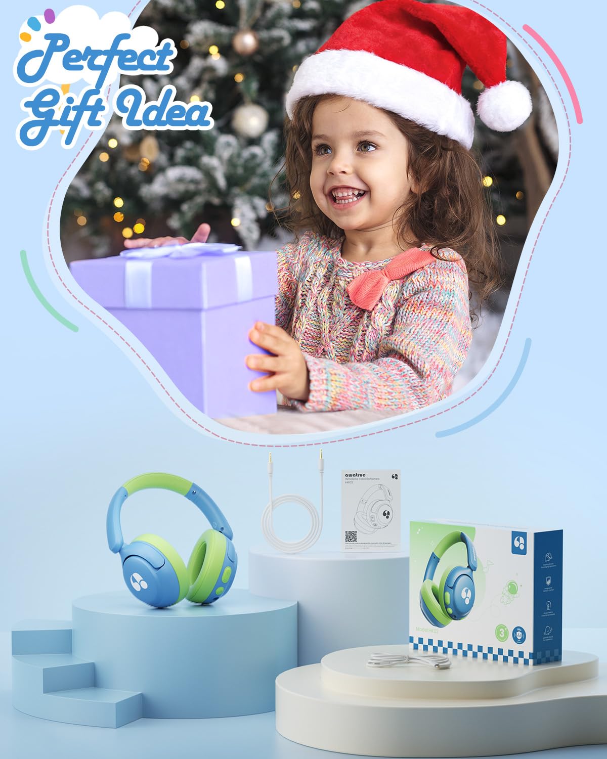 awatrue Cuffie Bluetooth per Bambini, Tasti Giganti & Microfono Integrato, Bluetooth 5.4 + Cavo AUX, Durata Della Batteria di 75 Ore, per l'uso a Scuola/in Viaggio (Bleu Vert)