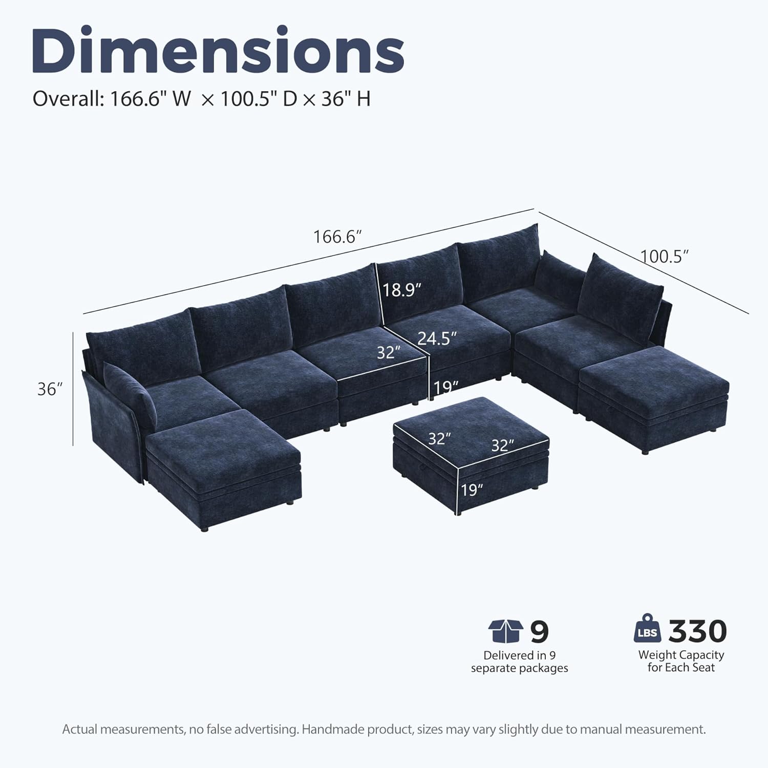 ABCASA 166.6" Oversized Modular Sectional Sofa, Large 9 Seater L Shaped Couch with Storage Ottoman with Reversible Chaise Deep Seat for Living Room, Apartment - Blue Chenille