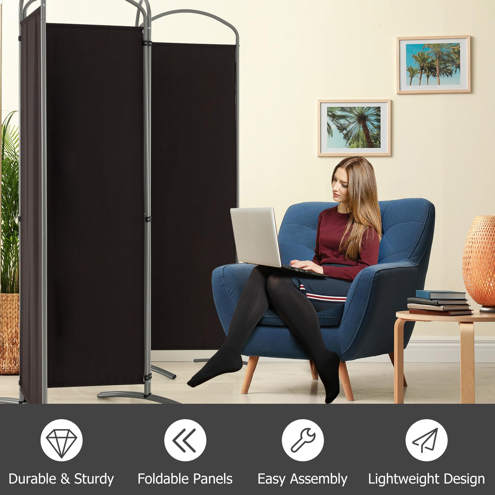 LIFEZEAL Biombo Divisor Plegable, Separador de 4 Paneles 188cm, Pantalla móvil, Pared divisoria, Marco metálico, Base Estable, Protege la intimidad para Interior y Exterior, Negro