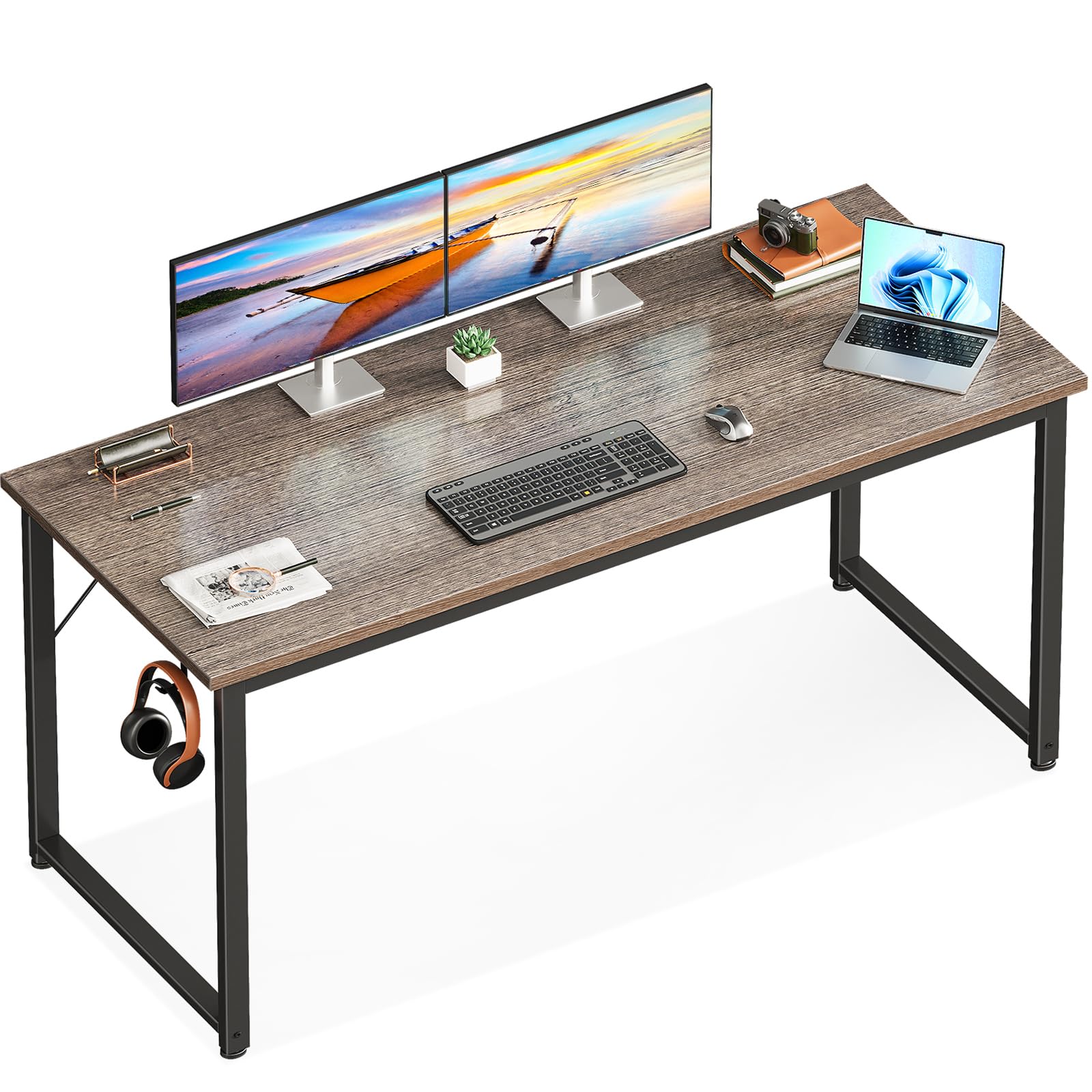 Casaottima 54 Inch Computer Desk for Home Office, Study Writing Table for Small Spaces, Simple Modern Desk with Headphone Hooks, Grey Oak
