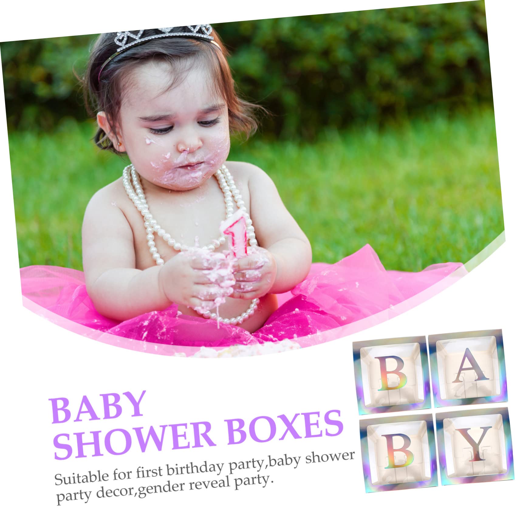 Babyparty Kasten aus Papier mit 4 Teilen und Silbernen Buchstaben | Transparentes Satz, für Kindergeburtstag und Shower, Quadratische Form, als Partydeko