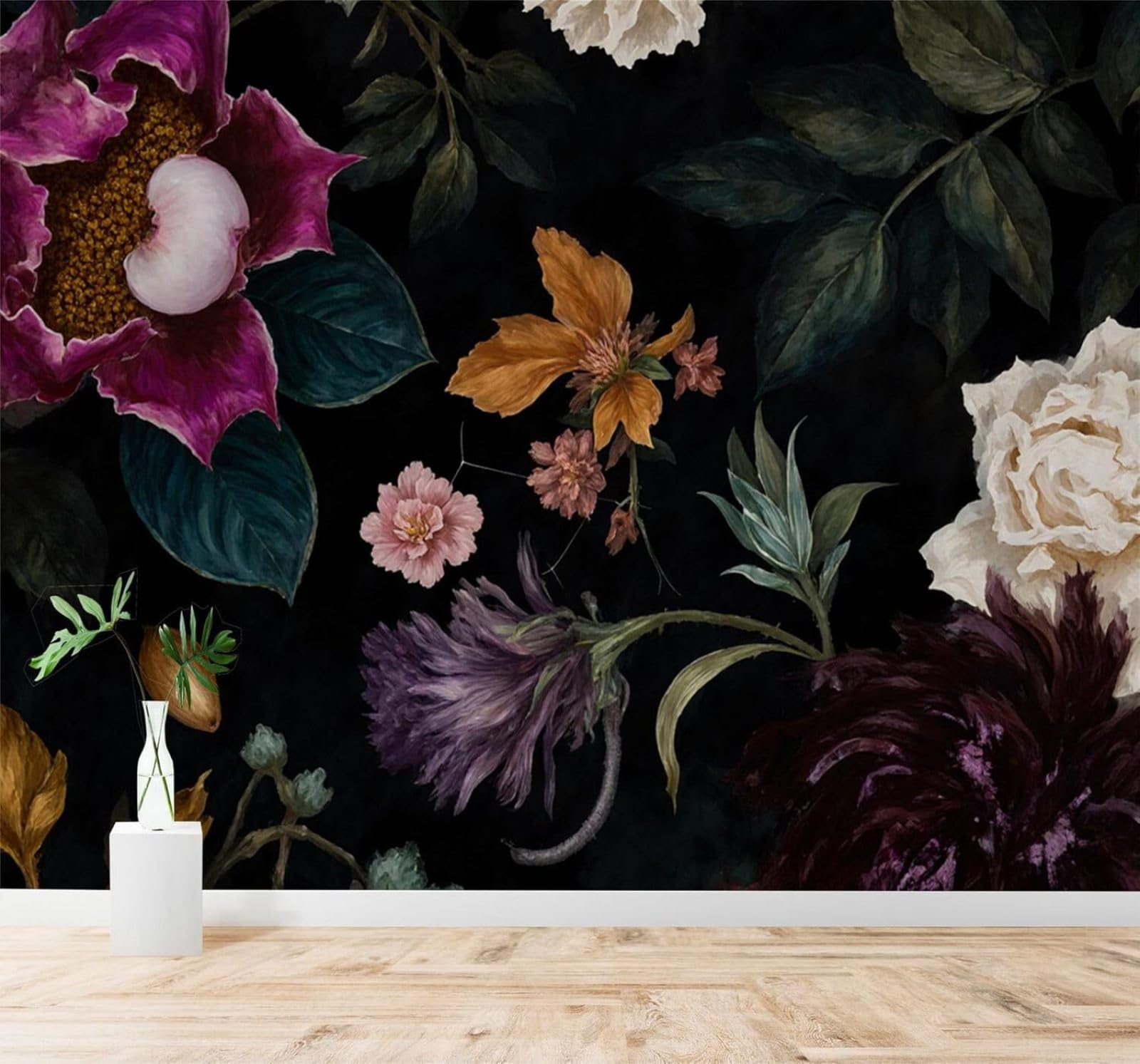 XLMING Vintage Dark Floral Pattern Peonies Leaves 3D Wallpaper Silky Texture Home Study Office Grey Dining Room Sofa Bedroom Living Room TV Backdrop-400cm×280cm