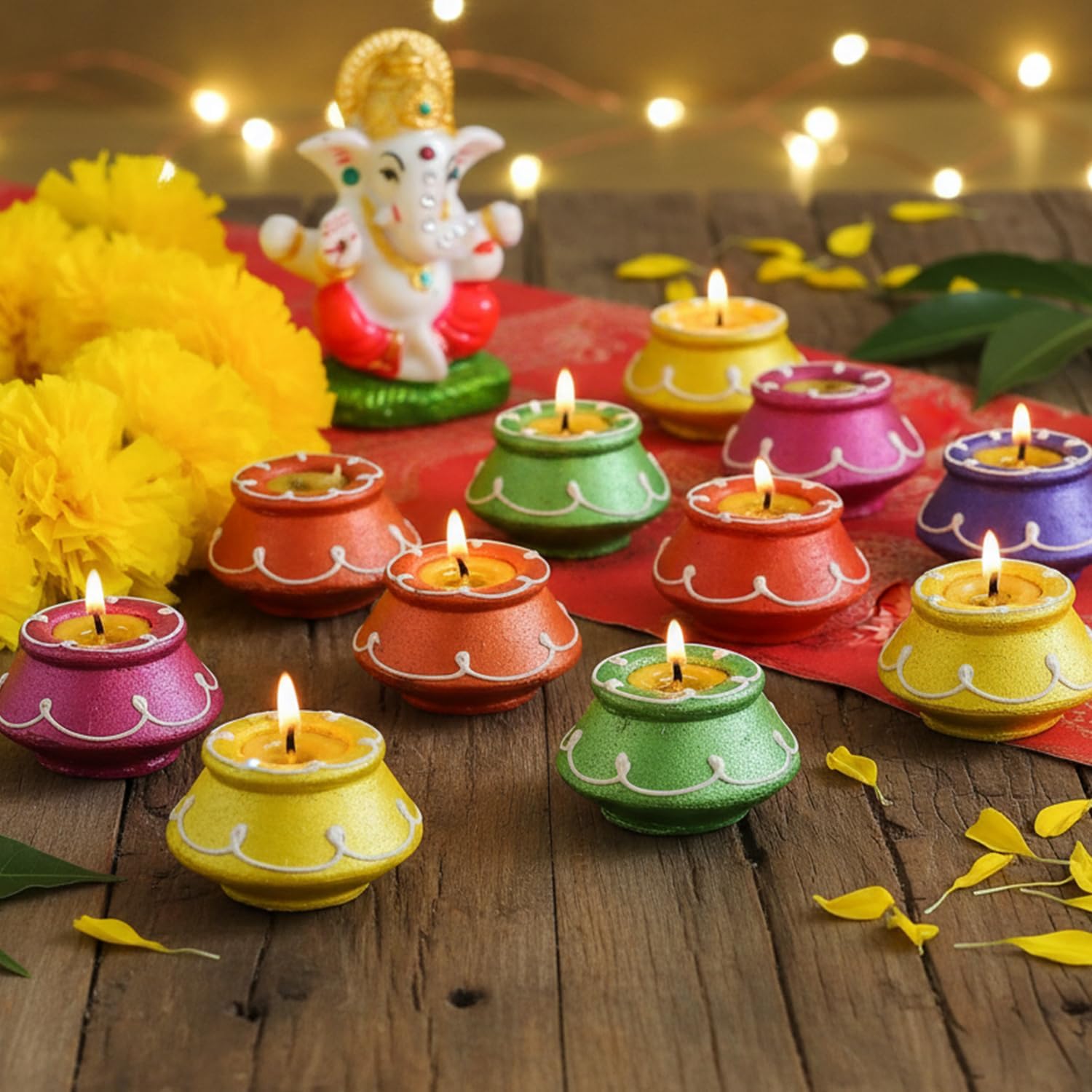 TIED RIBBONS 10 pcs Handmade Clay Diya for Diwali, Wax Filled | Traditional Homemade Diyas Tealight | Indian Oil Lamp | Ganesh Chaturthi Decoration | Terracotta Diyas | Matki Diya | Diwali Diya
