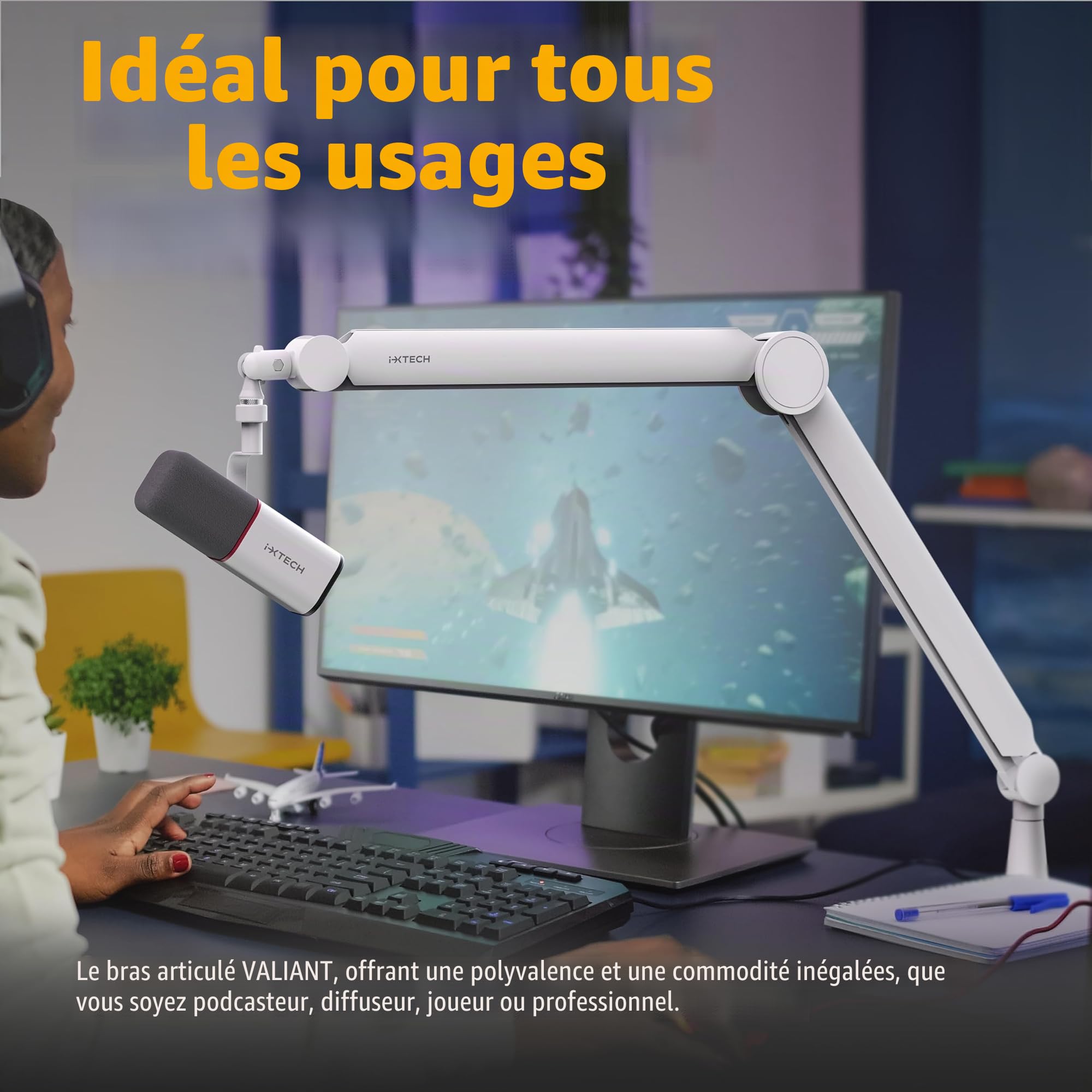 IXTECH Bras de microphone blanc premium, bras de perche rotatif à 360° avec support de bureau, entièrement réglable, robuste et universel, modèle VALIANT WHITE