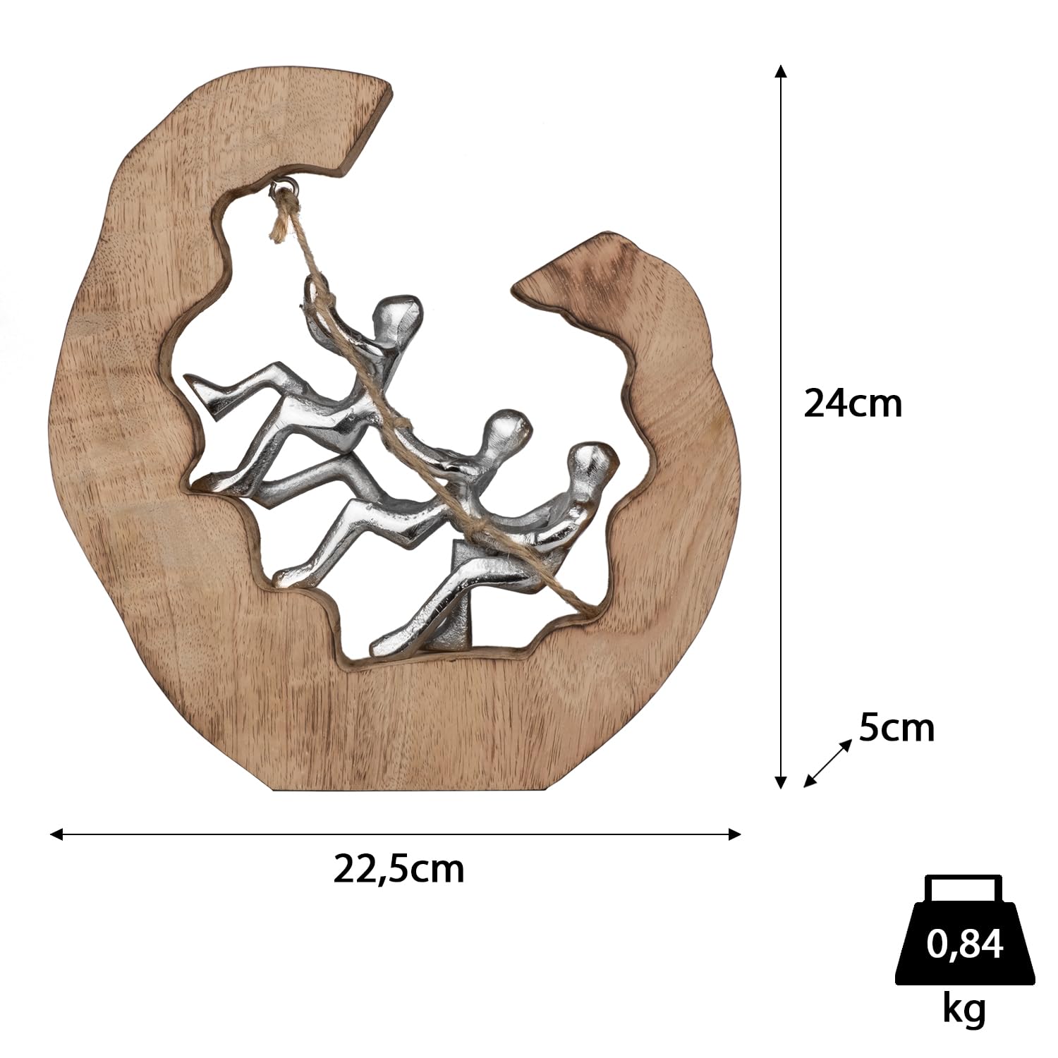 Nowoczesna rzeźba Teamwork z aluminium i drewna mango 22,5 x 5 x 24 cm - figurka dekoracyjna z liną o abstrakcyjnym wzornictwie symbolizuje współpracę, pomoc i wspólnotę