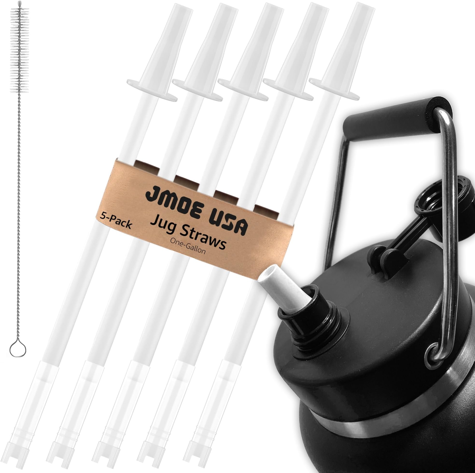 Jmoe USAStraw Adapter Kit for RTIC Jugs | 5-Pack of Reusable BPA Free Straws | Includes Cleaning Brush | Food-Grade Plastic | Compatible With Jug Lid | Easy to Clean (One Gallon)