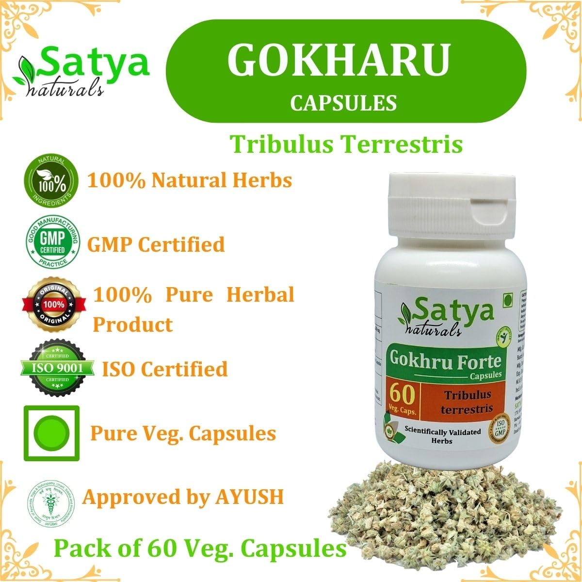 Tribulus Terrestris (Gokhru, Gokharu) Extract Capsules | Highest Potency, 100% Herbal Product | Pack of 60 X 500 mg. Veg. Capsules (Pack of 1 Bottle) — Amazon image 4