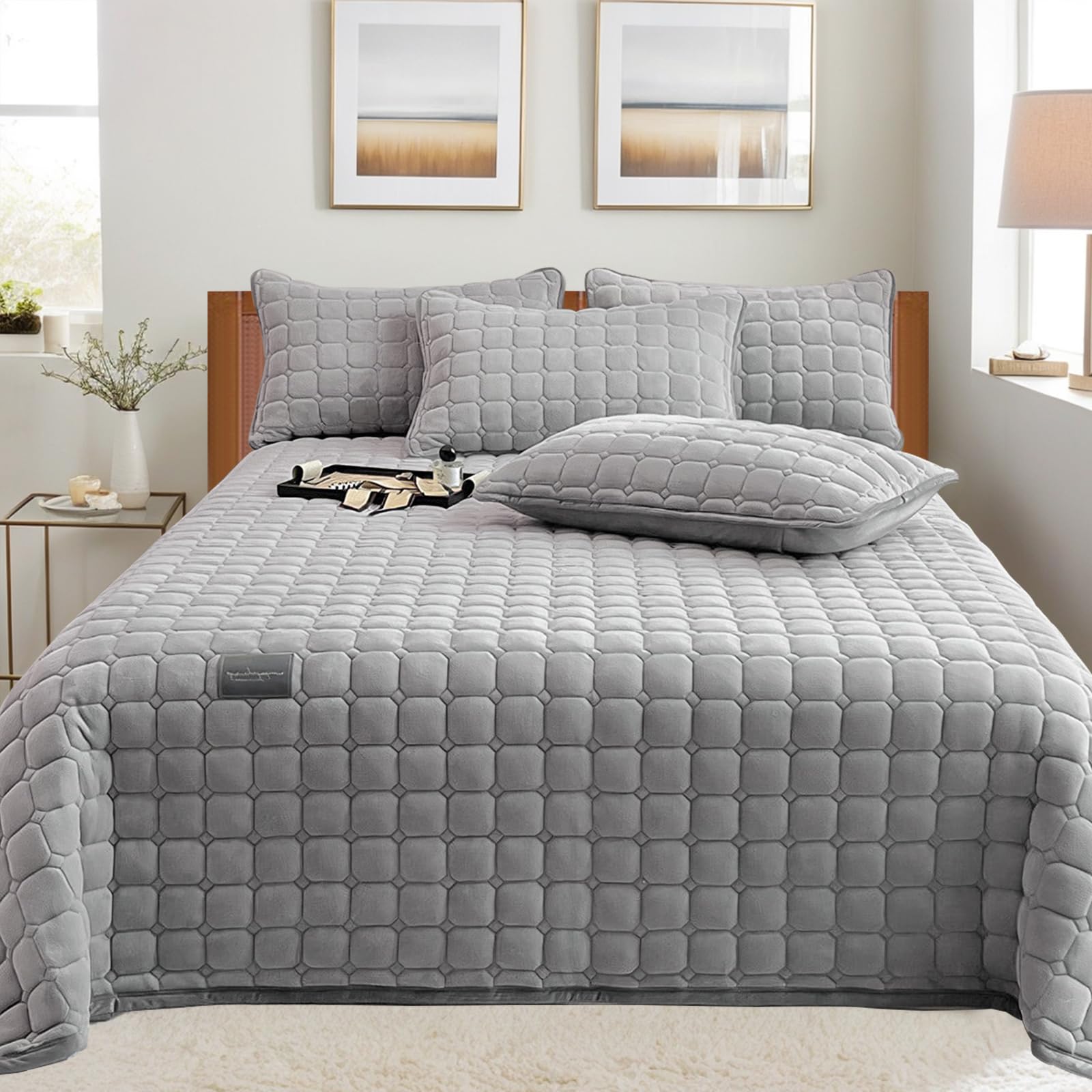 Extra Grande Edredón Cubrecama: Cubierta Versátil de Estilo Acolchado de Terciopelo de Leche 3 piezas 230 X 250 Cm con 2 Fundas de Almohada 50 X 70 Cm, para Dormitorio o Sala de Estar (Gris Claro)