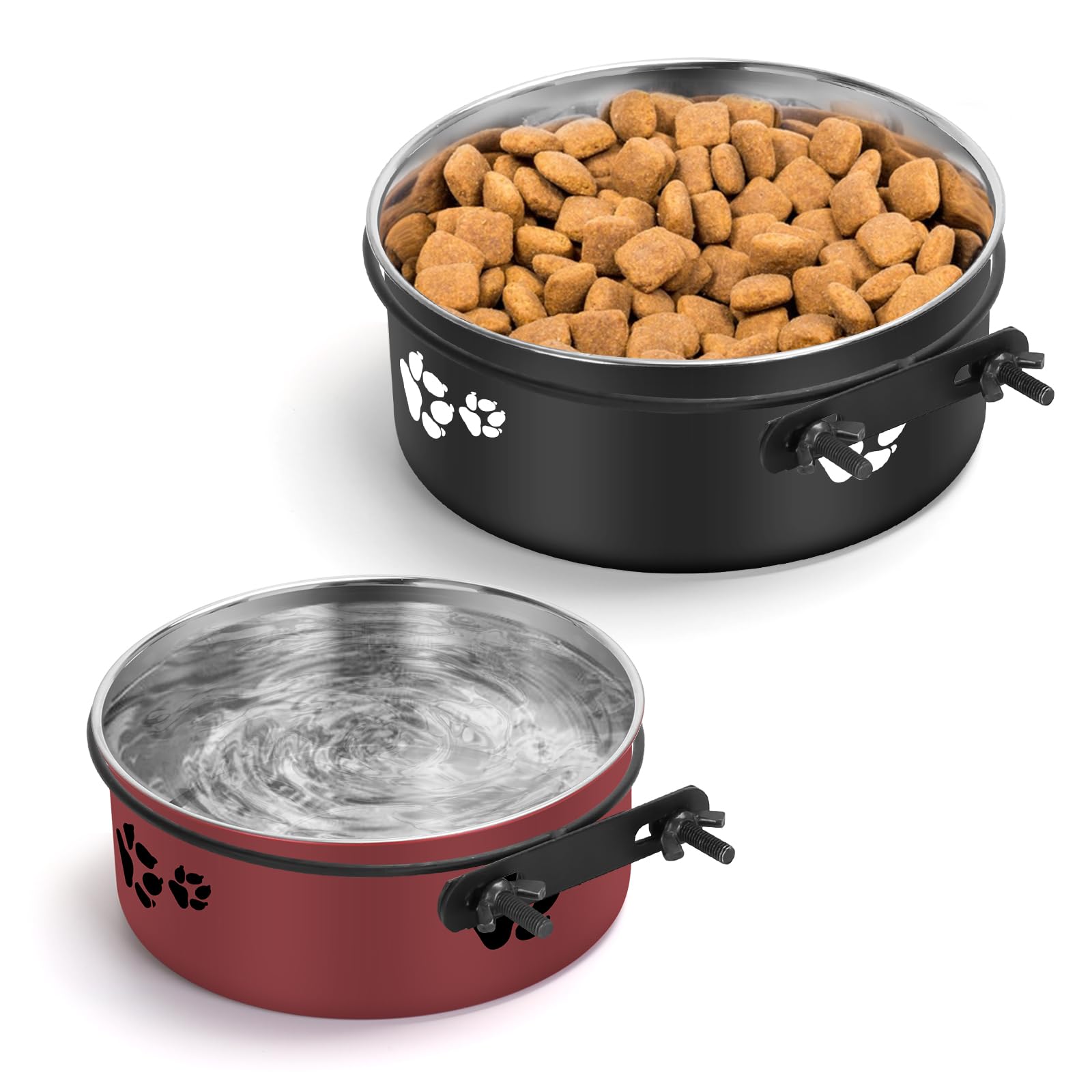 VAlinks 2 Pack Crate Bowls Mountable Stainless Steel Kennel Bowls for Medium or Small Dogs Hanging Kennel Water Bowls with Clamp Holder 2 Sizes?6.3x2.56’’,5.5x2.36’? Black Red