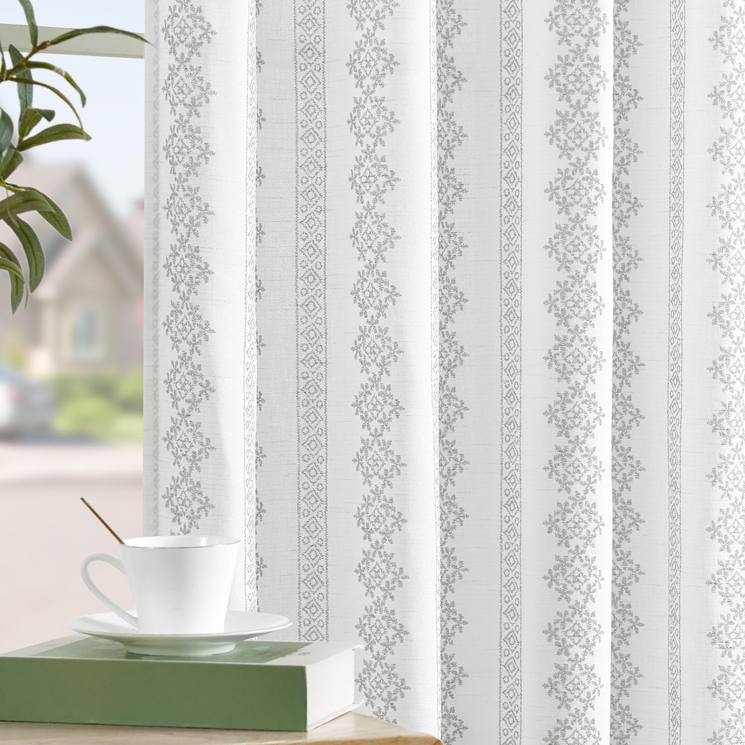 jinchan Boho Linen Curtains 84 Inch Long Country Farmhouse Living Room Grey on White Print Window Curtains Rod Pocket Back Tab Geometric Light Filtering Curtain Set, 2 Panels