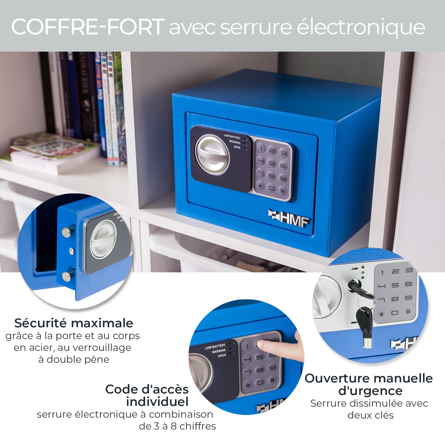 HMF Coffre-fort petit avec serrure à combinaison | 23 x 17 x 17 cm | Bleu