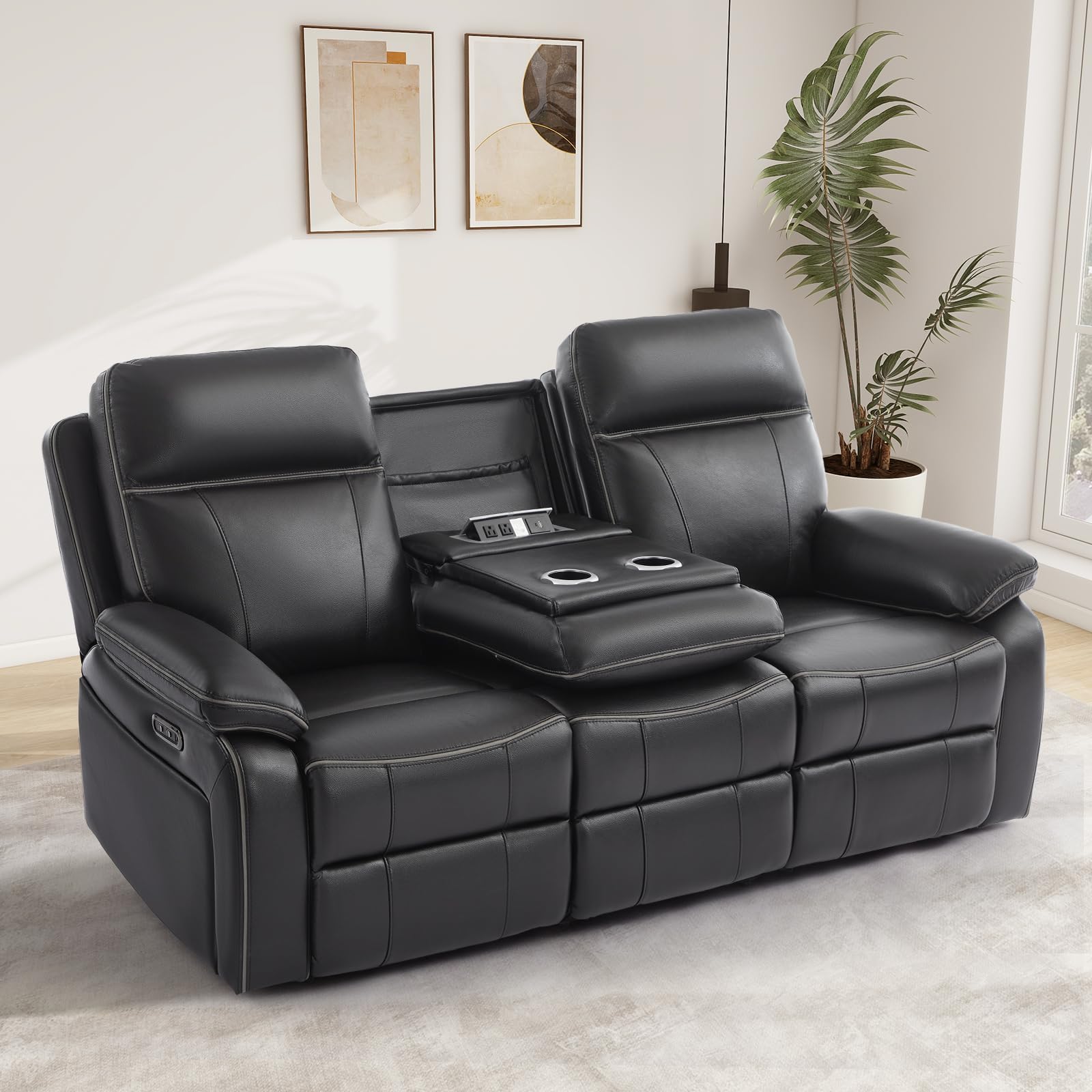 Neptane Power Reclining Sofa with Fold Down Table, Breathable Leather Electric Reclining Couch, Power Loveseat Recliner Sofa with Cup Holders/Outlets/