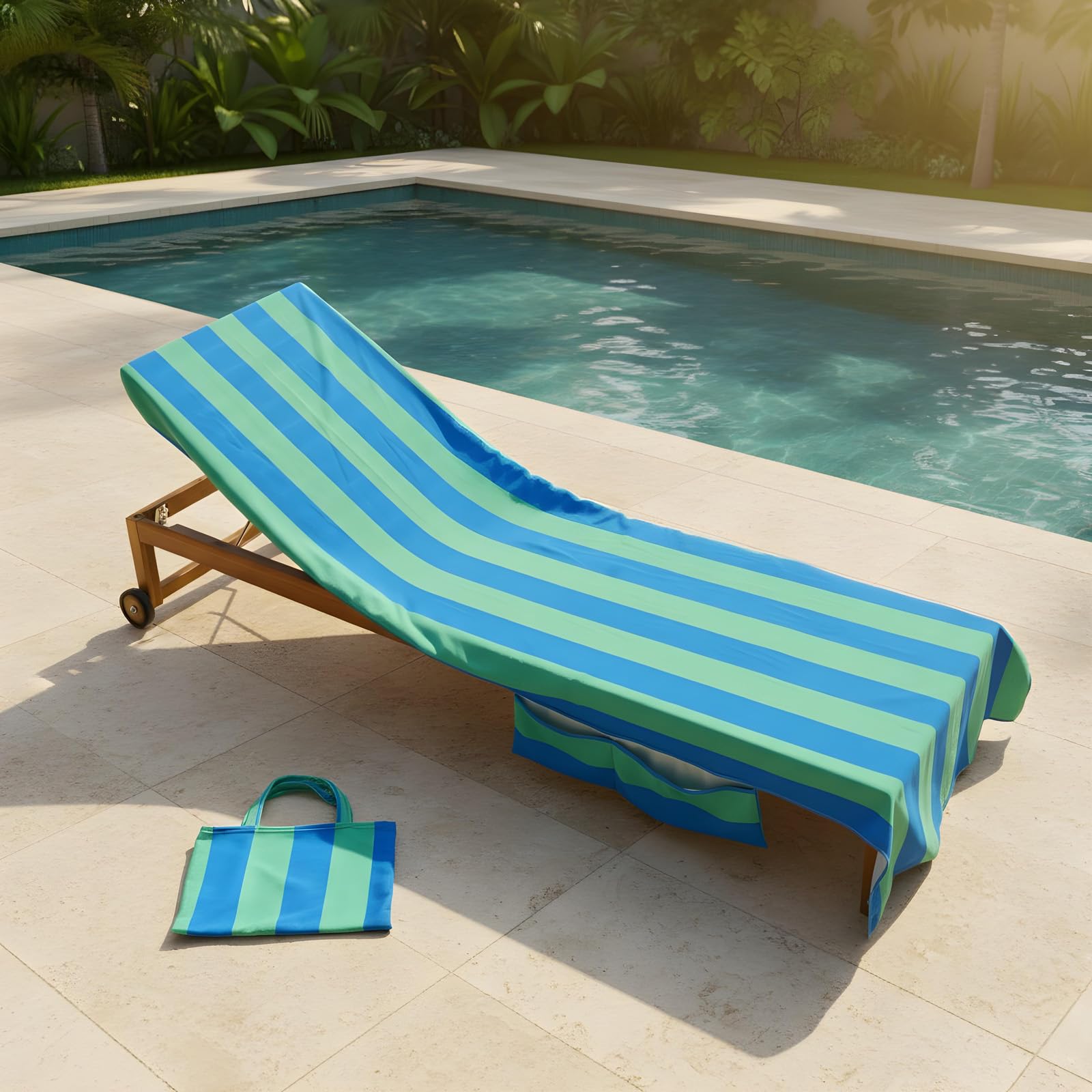 Ohs Blue/Green Sun Lounger Towels With Pockets, Soft Quick-Dry Absorbent Stripe Beach Towels For Adults Lightweight Sun Lounger Large Beach Towel In A Bag Holiday Essentials, - 75 X 215Cm