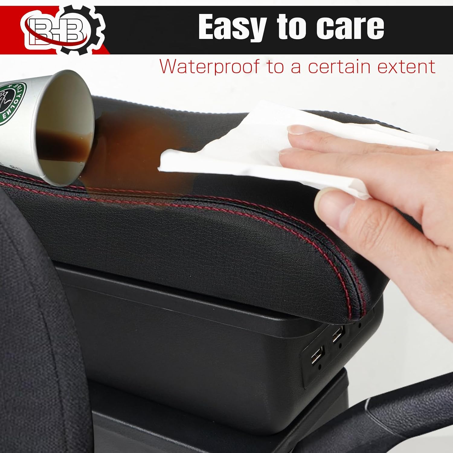 BHB Consoles Armrest Box Compatible with Kia Rio 2018-2023 Center Console Box Armrest Box USB Charge Black with Red Stitching