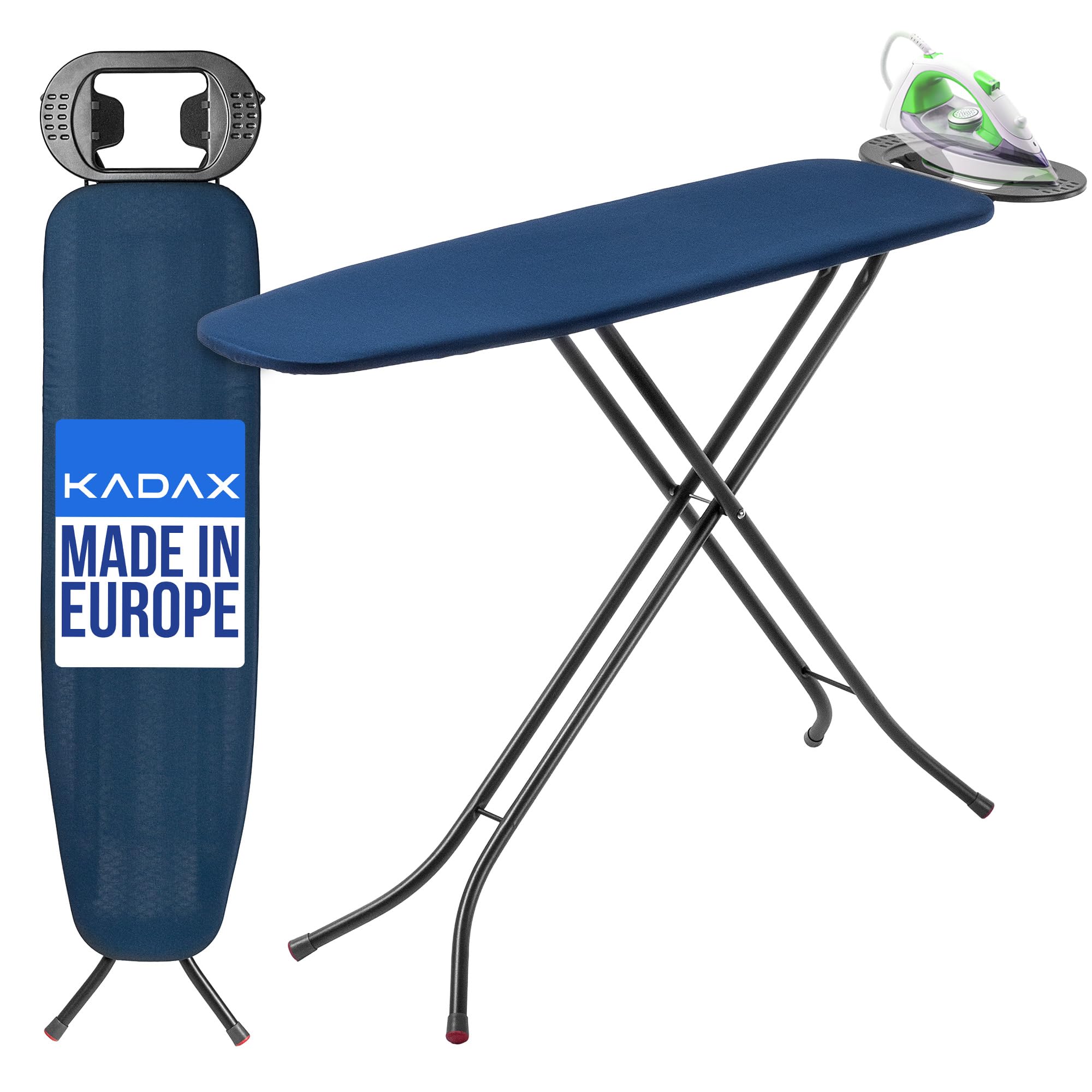KADAX Table à Repasser 110 x 30 cm, Planche Pliable avec Housse en Coton, Support pour Fer, Pieds Antidérapants et Hauteur Réglable (Bleu foncé)