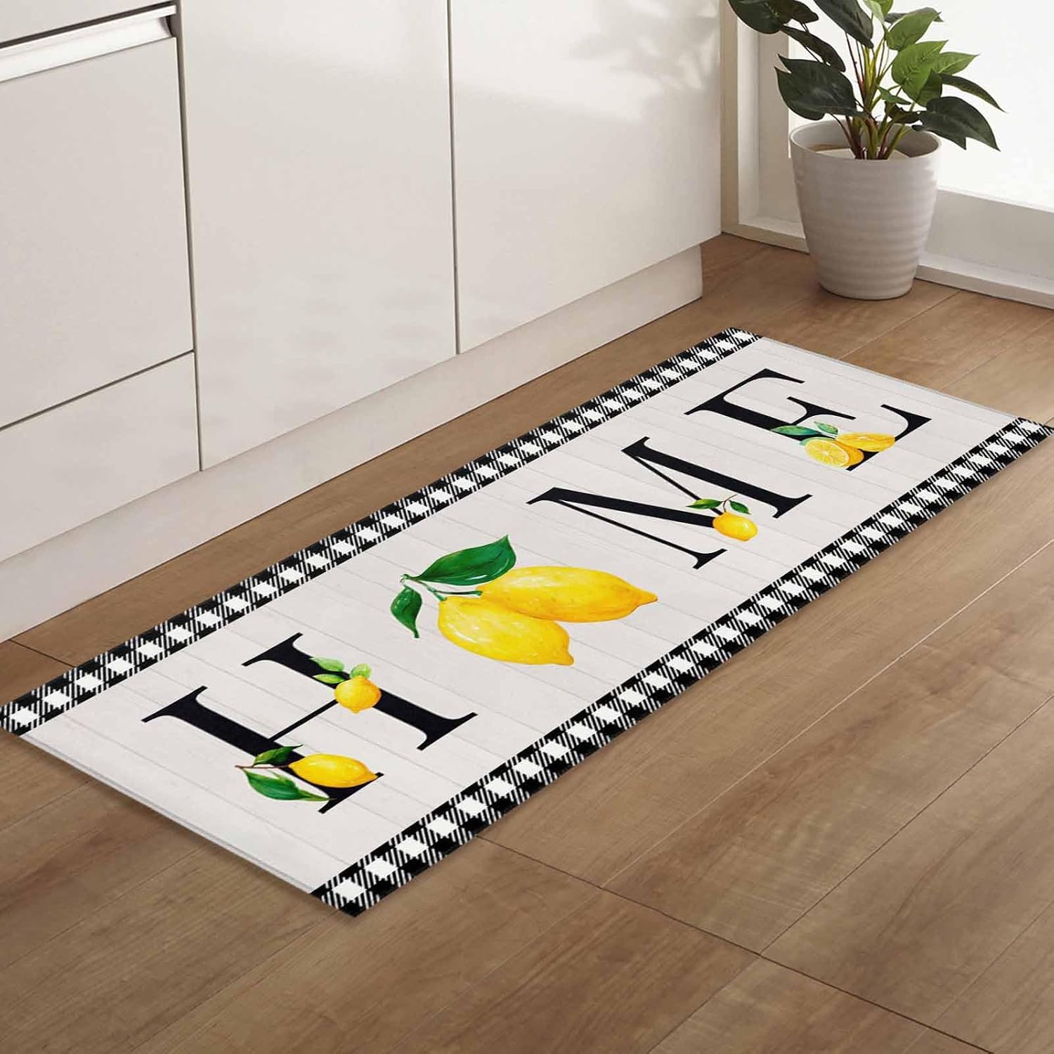 Teamery Kitchen Mats for Floor Country Home Text Buffalo Plaid Washable Non Slip Kitchen Rugs 1PCS, Summer Lemon Wood Board Absorbent Standing Mats for Sink Bathroom Office Living Room 23.6x70.9in