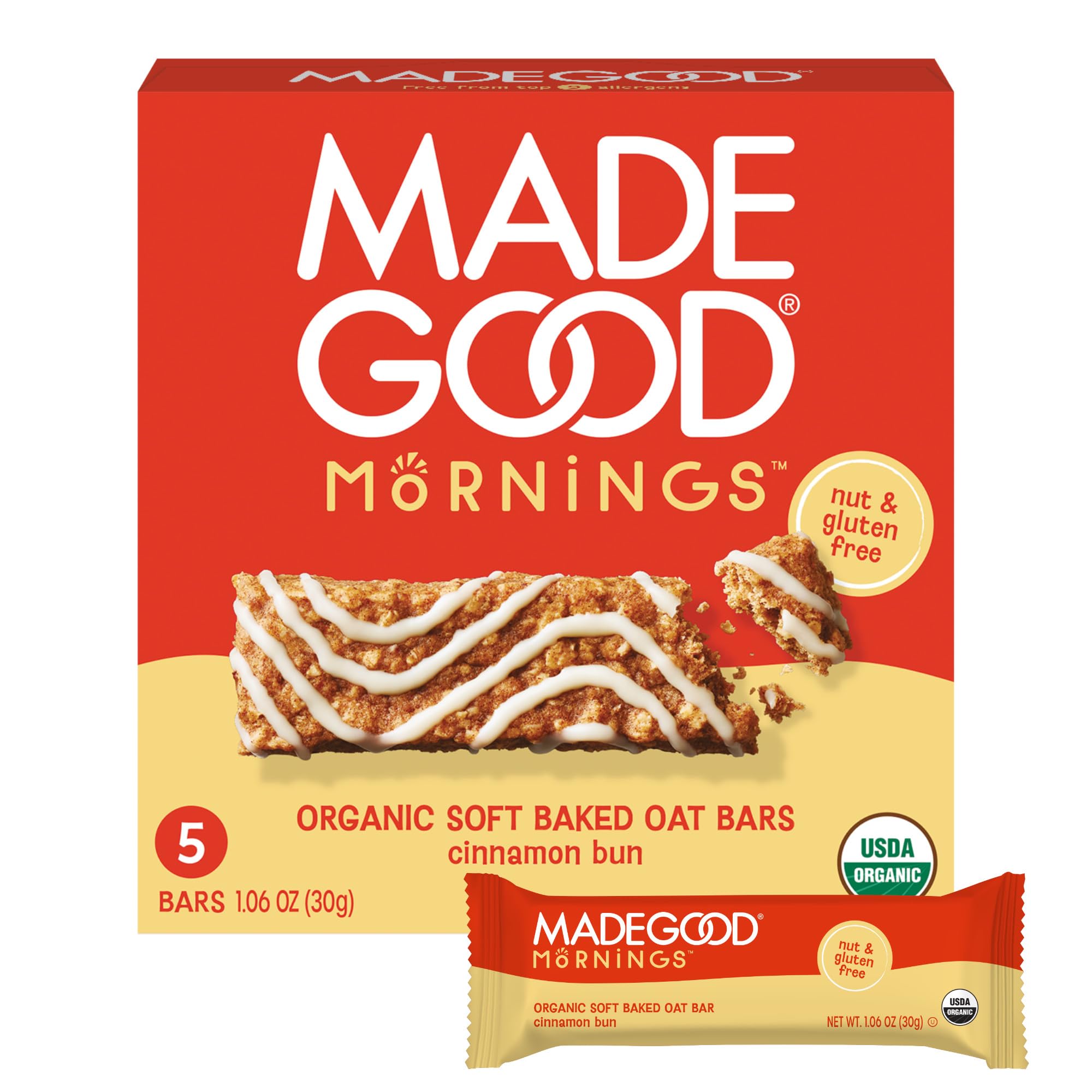 MadeGood Morning Cinnamon Bun Bars, 5ct/5.3 Oz, Organic Snacks