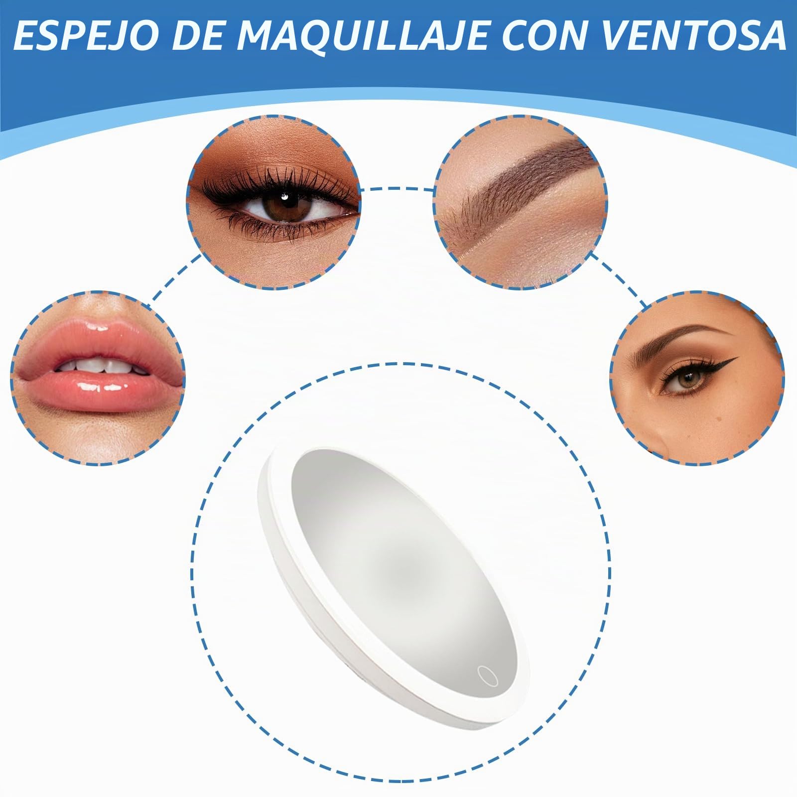 Espejo de Aumento 10X con Luz y Ventosas, LED para Pared, Portátil para Tocador, Escritorio, Baño, Dormitorio, Blanco