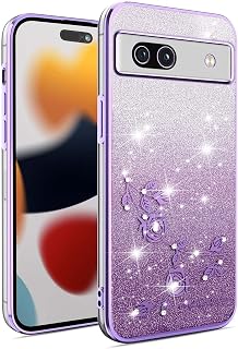 Transparent Glitter Case for Google Pixel 7A, Ultra Thin Shockproof Mobile Phone Case with Electroplating Edge and Glitter Sticker, Elegant TPU Silicone Protective Case, Purple