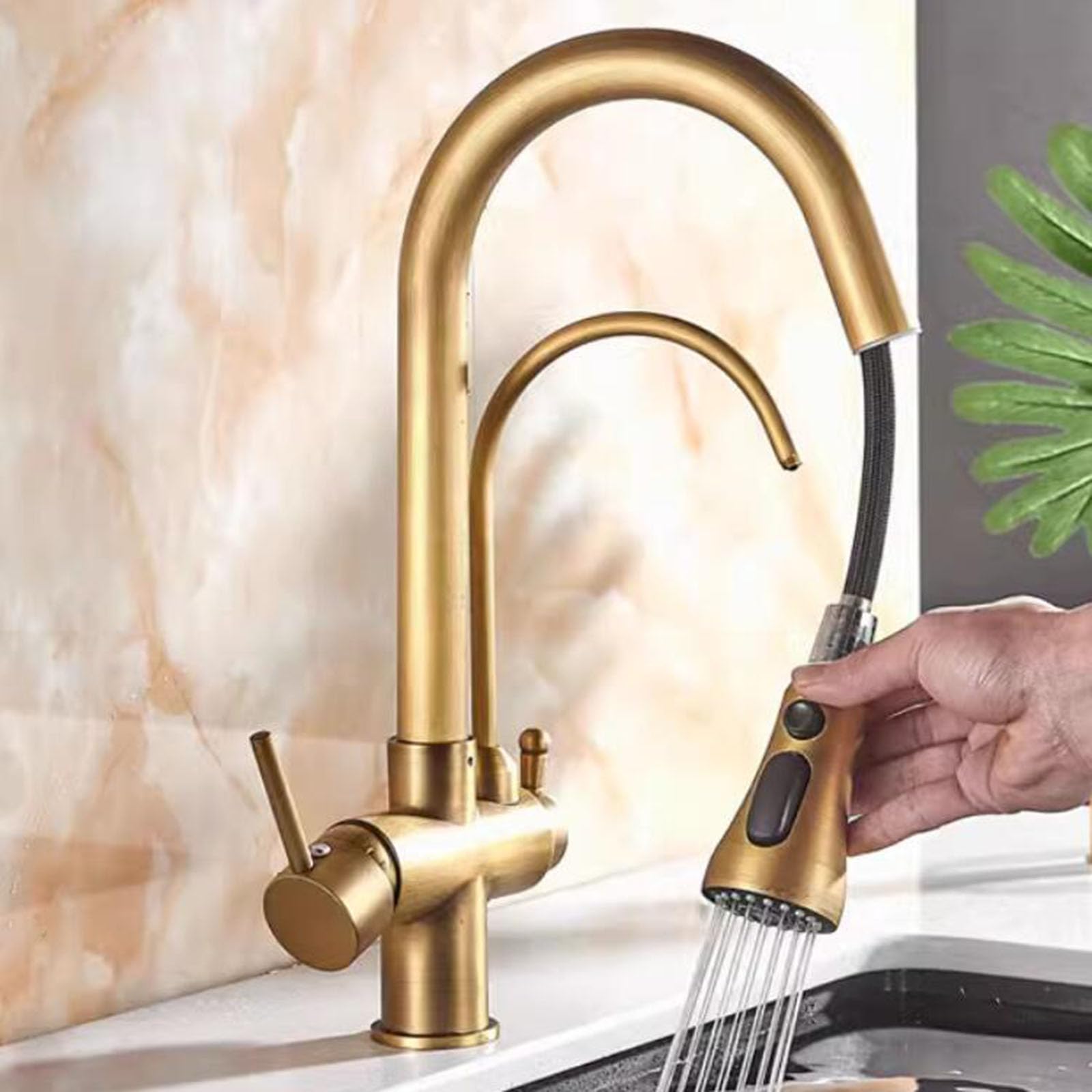 Antique Brass 3 Way Kitchen Faucet, Pull Out Sprayer, Swivel Spout, 2 Handles