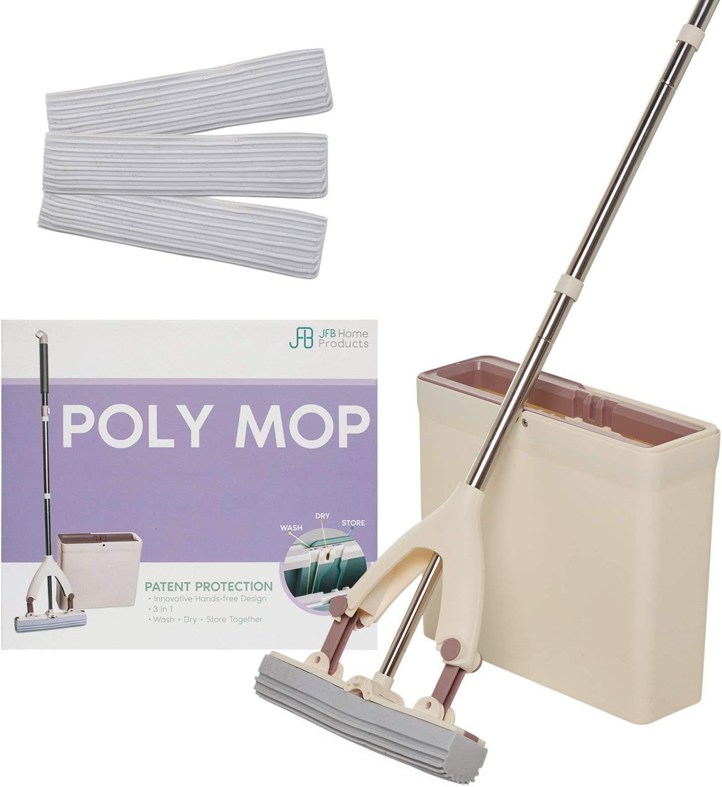 Poly Mop PVA Sponge Mop Bucket - Wash, Dry and Store Floor Cleaner - Ultra Absorbent PVA Sponge, Extendable Handle, Compact Pail, Easy Storage - 3 Mop Heads Included