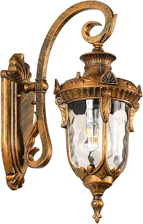 Outdoor Wall Lights, Waterproof Aluminum Porch Wall Light for Outside House, Patio, Yard, Garden, Gold Gooseneck Exterior Wall Sconce, Hardwired Outdoor Acorn Shape Lantern Lamp, Water Ripple Glass