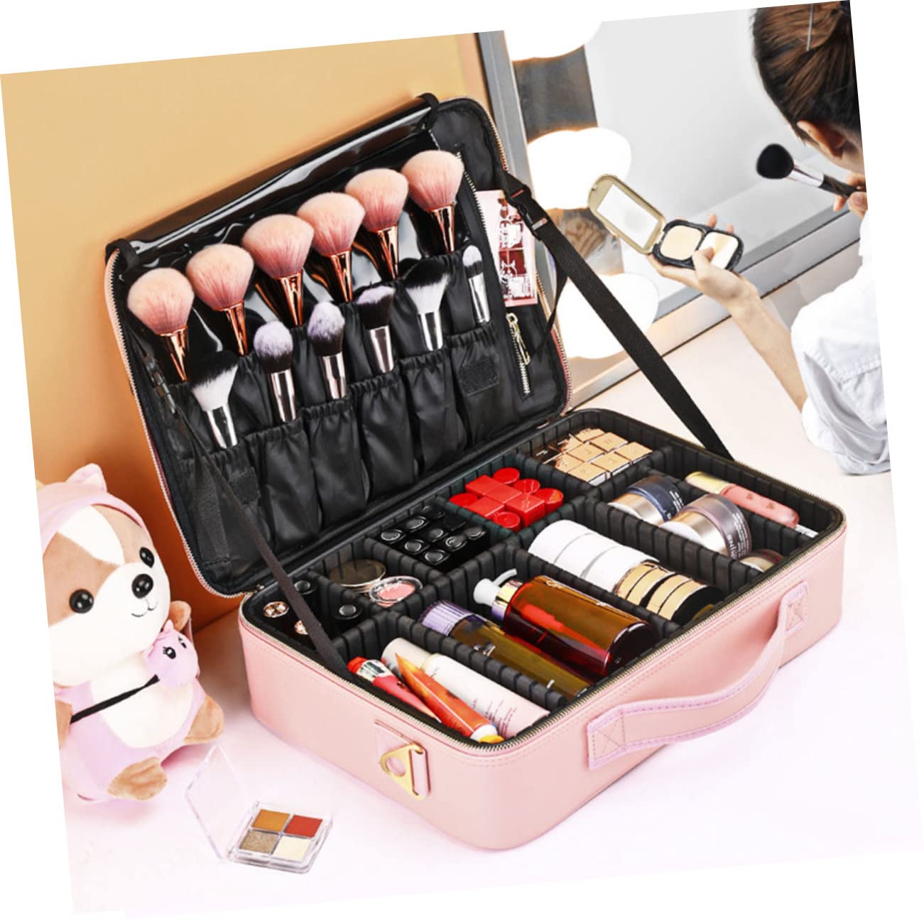 Beaupretty Bolsa de Maquillaje y Gran Capacidad para Mujer de Material Sintético PU con Compartimentos Ajustables Organizador Portátil Adecuado para Viajes y Trabajo