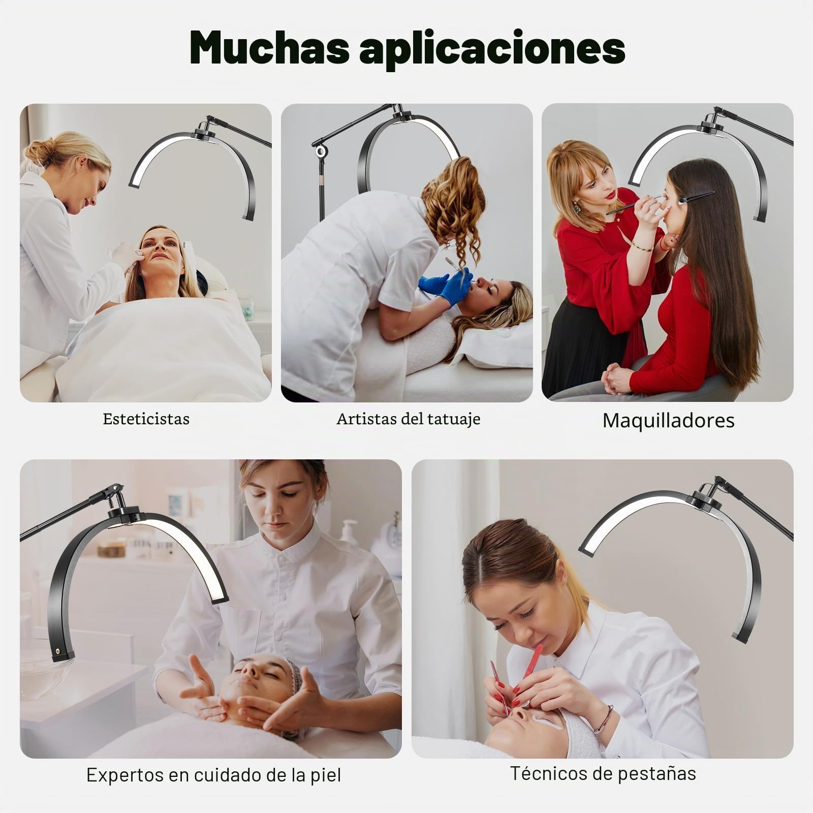 Media luna, lámpara cosmética LED con soporte para teléfono y ruedas, 2 opciones de control ajustables de 3200 K-5600 K, luces de belleza para sala de estar, estudios fotográficos, mesas