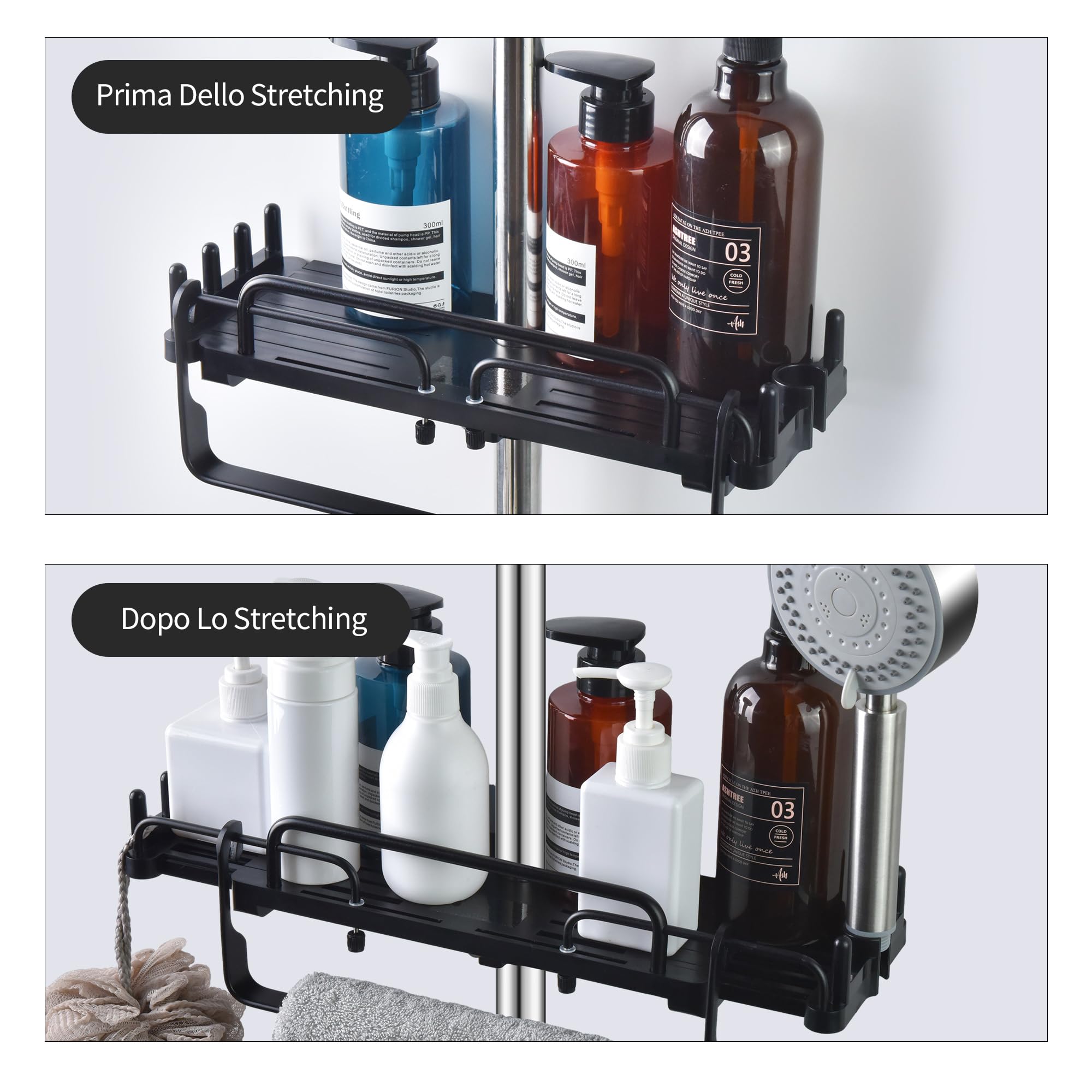 Lolypot Mensola per Doccia Senza Foratura, telescopica, 32-48 cm, Asta Doccia con Porta Asciugamani, per Il Bagno, per la Doccia, per Asta Doccia da 18mm a 25mm (Nero)